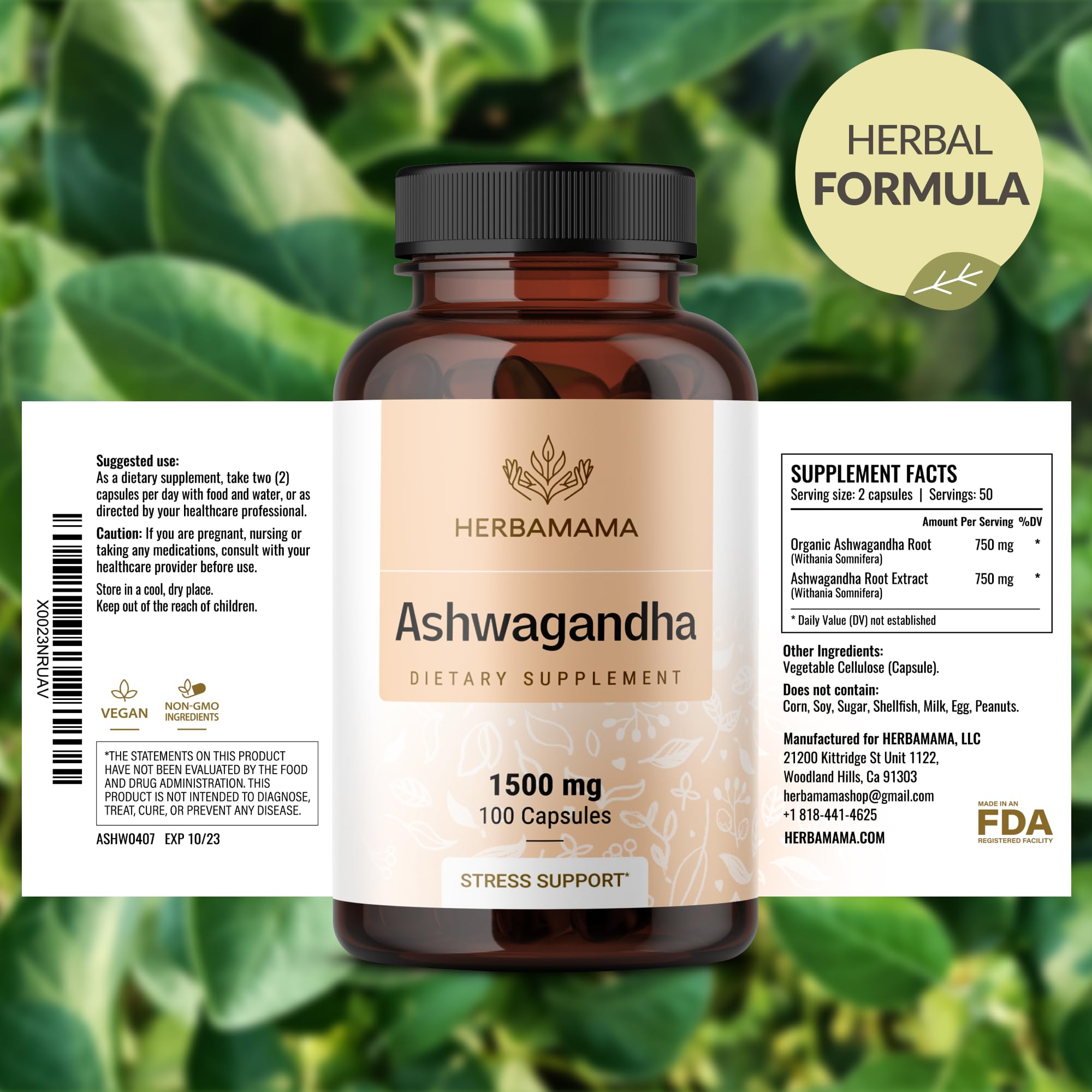 HERBAMAMA Ashwagandha Capsules - 1500mg Pure Ashwagandha Root Focus Supplement - Vegan, Non-GMO Mood & Calm Support Supplement for Adults, 100 Caps - OzHealthStandard
