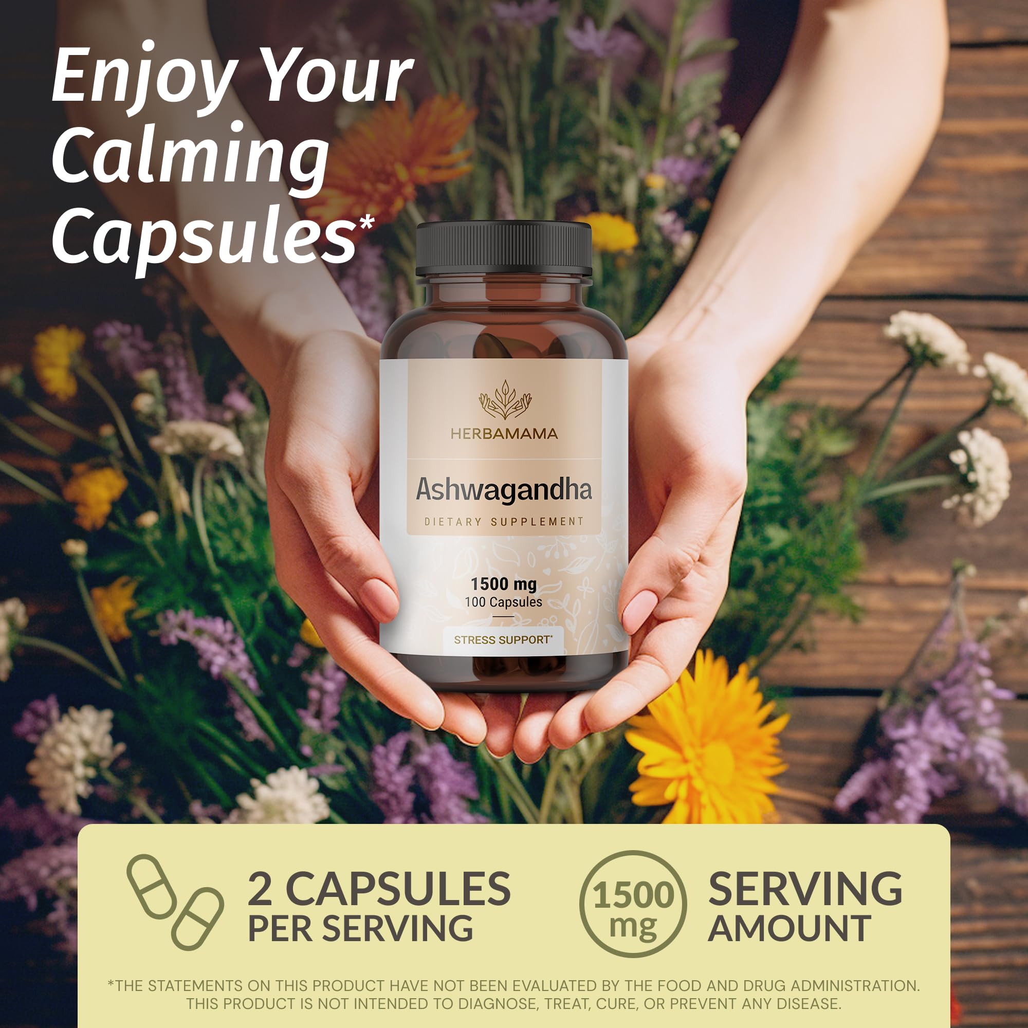 HERBAMAMA Ashwagandha Capsules - 1500mg Pure Ashwagandha Root Focus Supplement - Vegan, Non-GMO Mood & Calm Support Supplement for Adults, 100 Caps - OzHealthStandard
