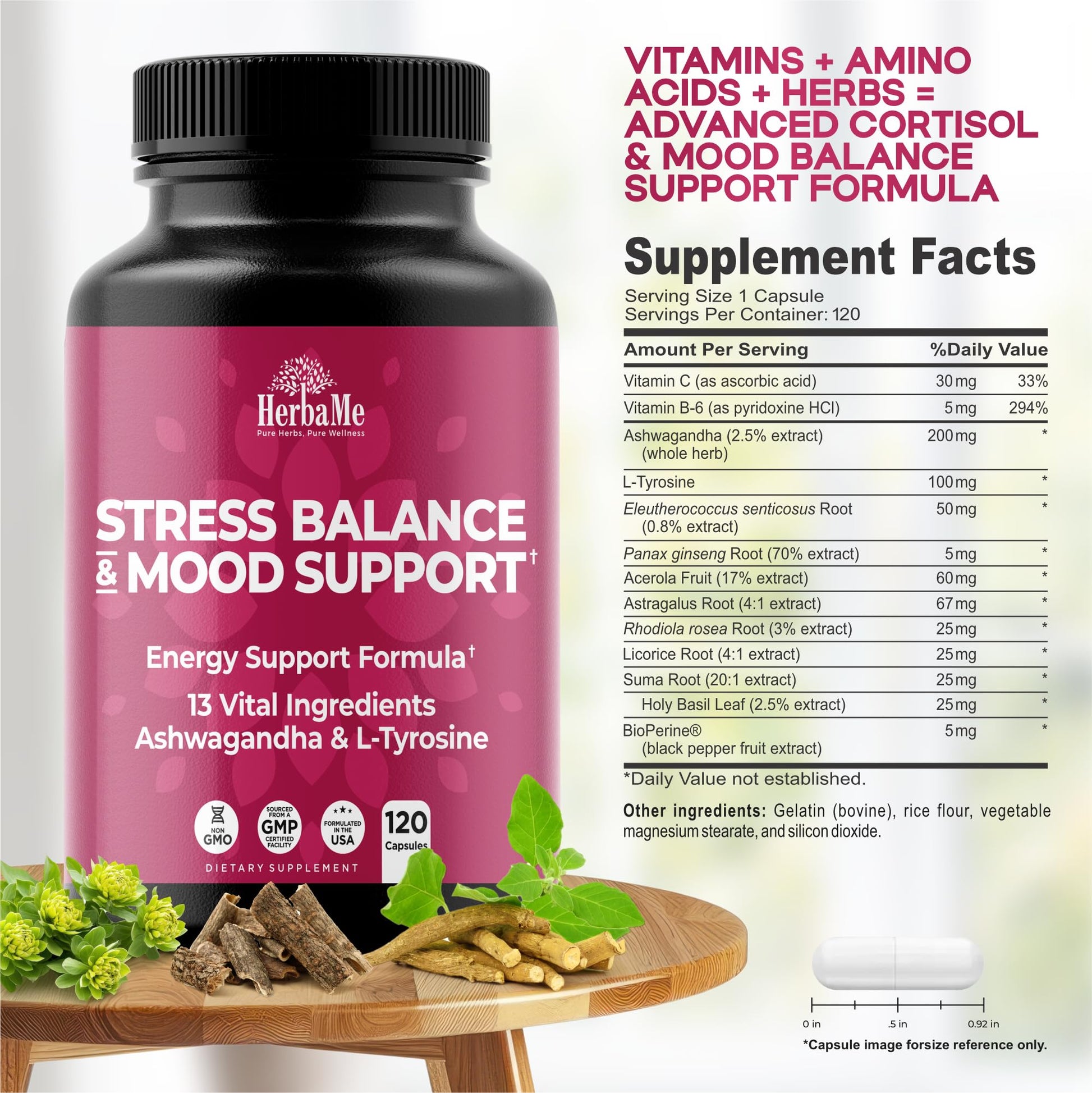 HerbaMe Cortisol Manager Supplement and Balance Mood with Ashwagandha & L-Tyrosine, 120 Capsules, Helps Maintain Healthy Energy Levels and Stress Relief, Fatigue Reducer Pills - OzHealthStandard