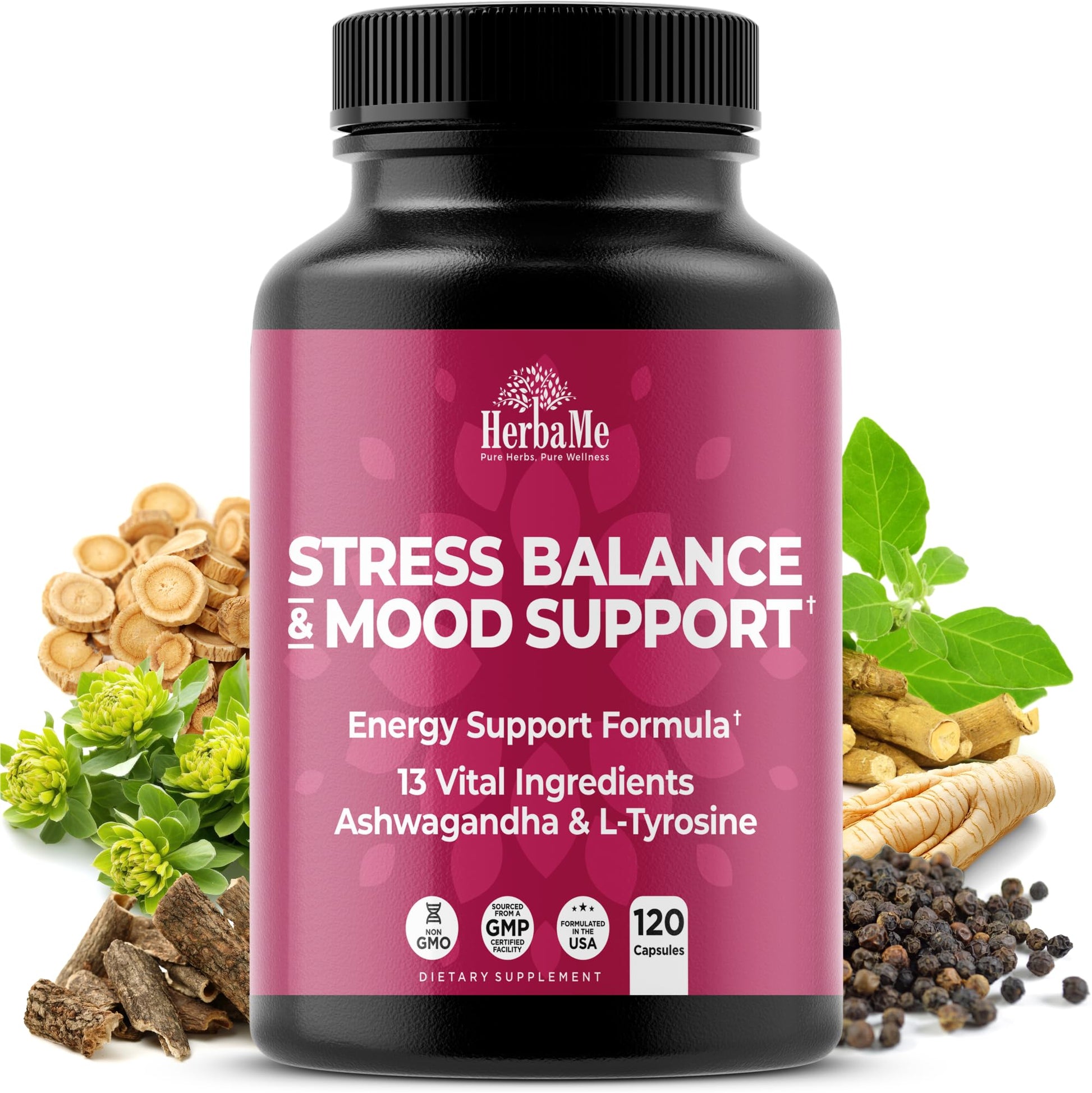 HerbaMe Cortisol Manager Supplement and Balance Mood with Ashwagandha & L-Tyrosine, 120 Capsules, Helps Maintain Healthy Energy Levels and Stress Relief, Fatigue Reducer Pills - OzHealthStandard