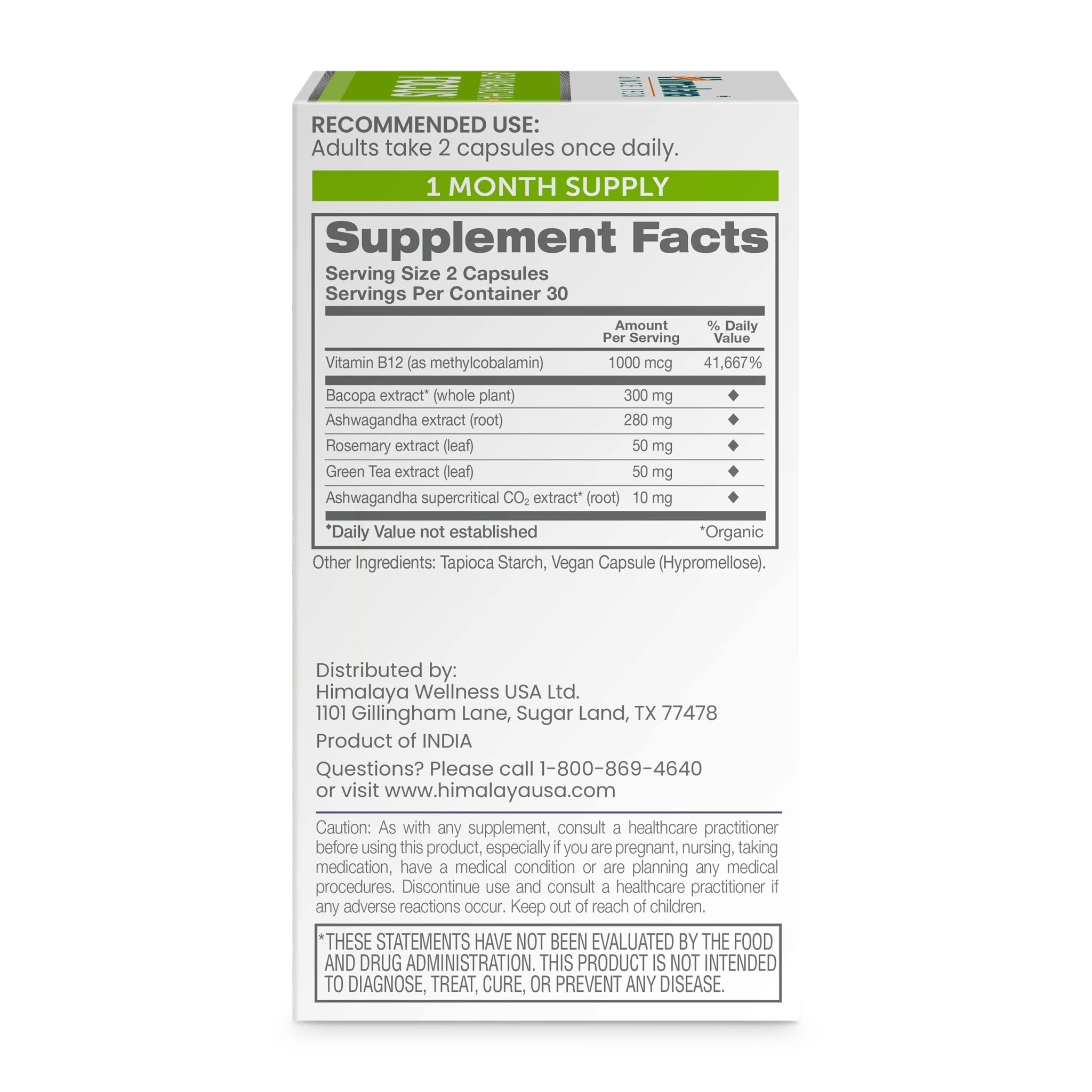 Himalaya Ashwagandha+ Focus - Herbal Focus Supplement with B12, Rosemary, Green Tea, and Bacopa Nootropics for Memory and Clarity - Vegan, Non-GMO, Gluten Free, 1690 mg, 60 Caplets - OzHealthStandard