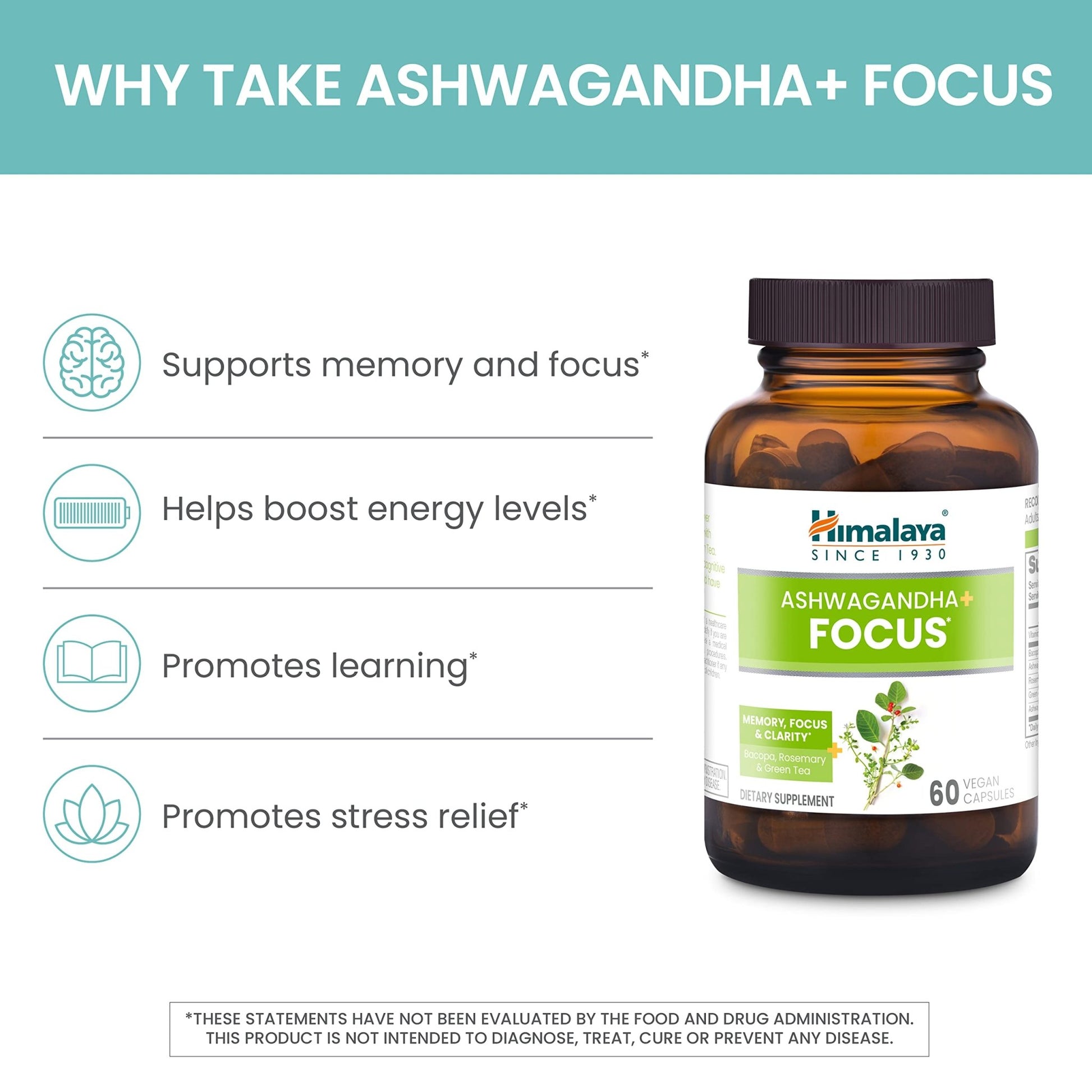 Himalaya Ashwagandha+ Focus - Herbal Focus Supplement with B12, Rosemary, Green Tea, and Bacopa Nootropics for Memory and Clarity - Vegan, Non-GMO, Gluten Free, 1690 mg, 60 Caplets - OzHealthStandard