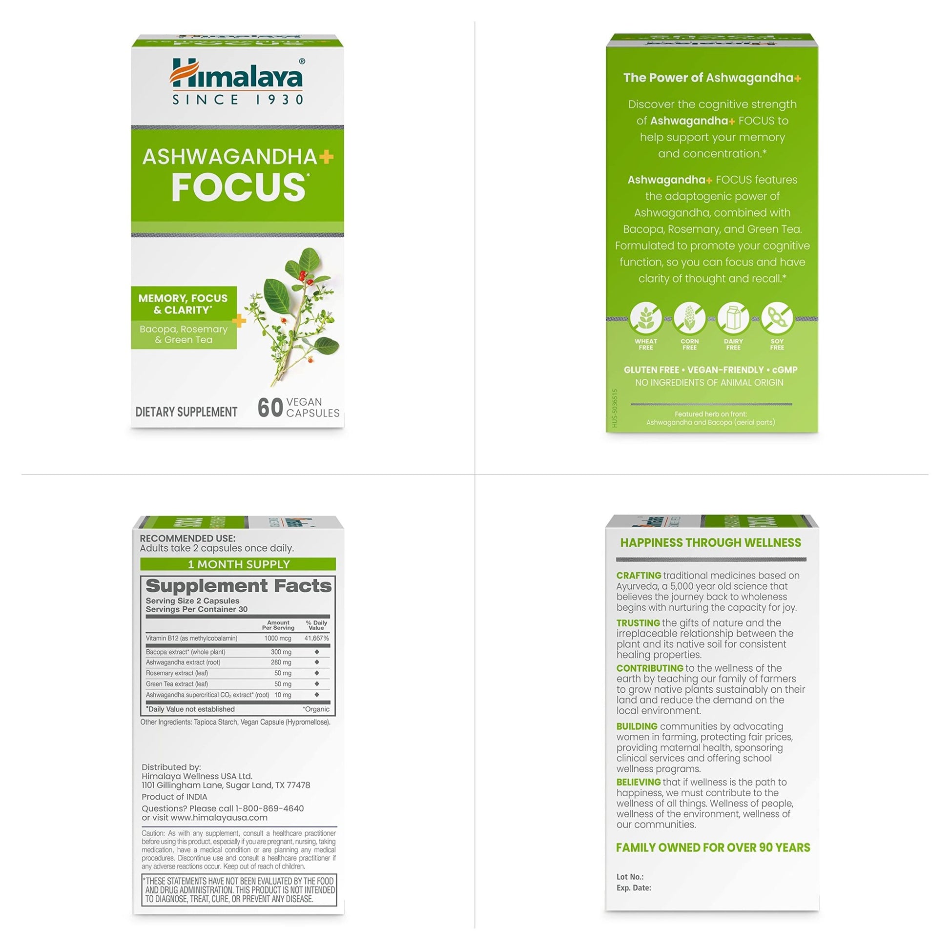Himalaya Ashwagandha+ Focus - Herbal Focus Supplement with B12, Rosemary, Green Tea, and Bacopa Nootropics for Memory and Clarity - Vegan, Non-GMO, Gluten Free, 1690 mg, 60 Caplets - OzHealthStandard