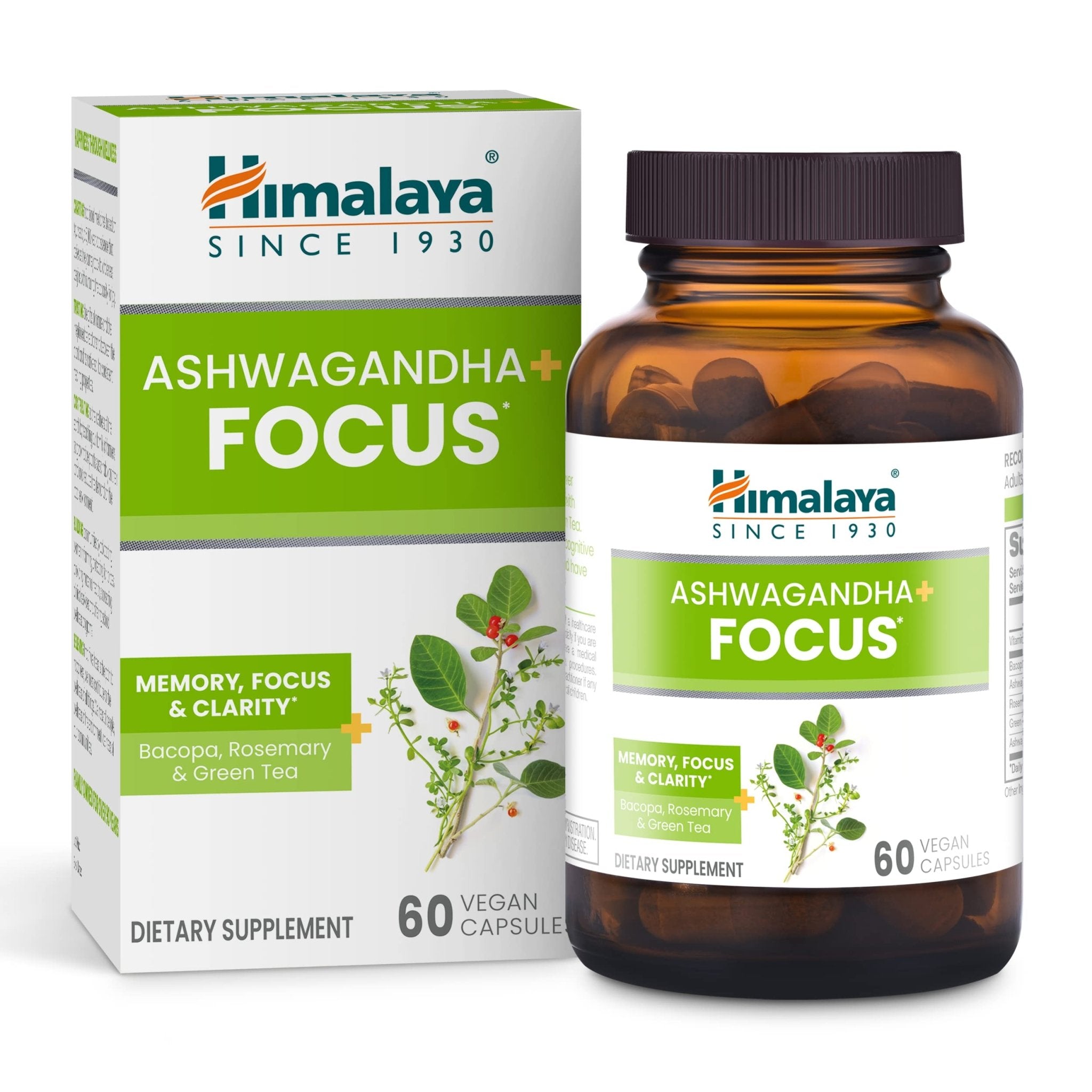 Himalaya Ashwagandha+ Focus - Herbal Focus Supplement with B12, Rosemary, Green Tea, and Bacopa Nootropics for Memory and Clarity - Vegan, Non-GMO, Gluten Free, 1690 mg, 60 Caplets - OzHealthStandard
