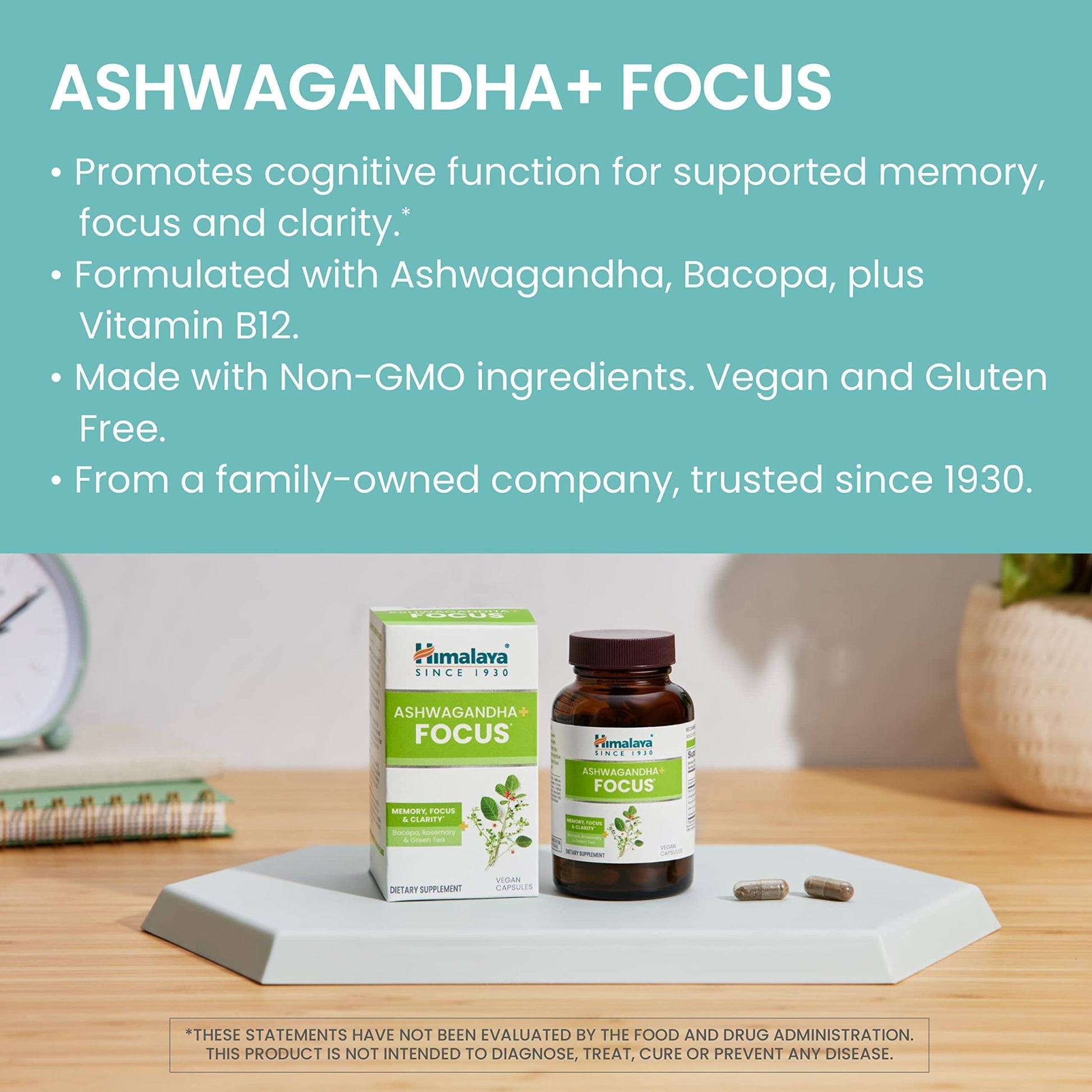 Himalaya Ashwagandha+ Focus - Herbal Focus Supplement with B12, Rosemary, Green Tea, and Bacopa Nootropics for Memory and Clarity - Vegan, Non-GMO, Gluten Free, 1690 mg, 60 Caplets - OzHealthStandard
