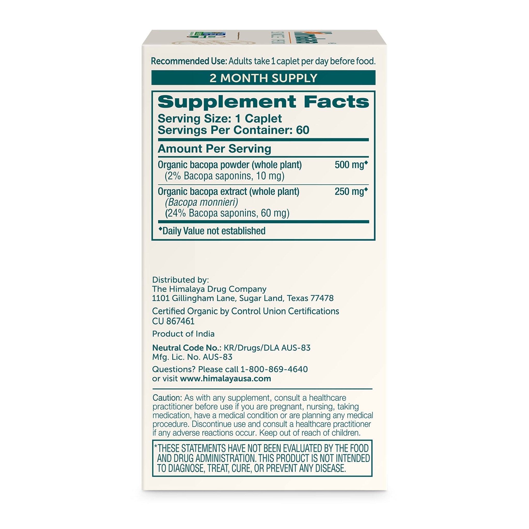 Himalaya Bacopa Monnieri Nootropic Herbal Supplement, Supports Calm, Memory, Cognition, USDA Certified Organic, Non-GMO, 750 mg, 60 Plant-Based Caplets, 60 Day Supply - OzHealthStandard
