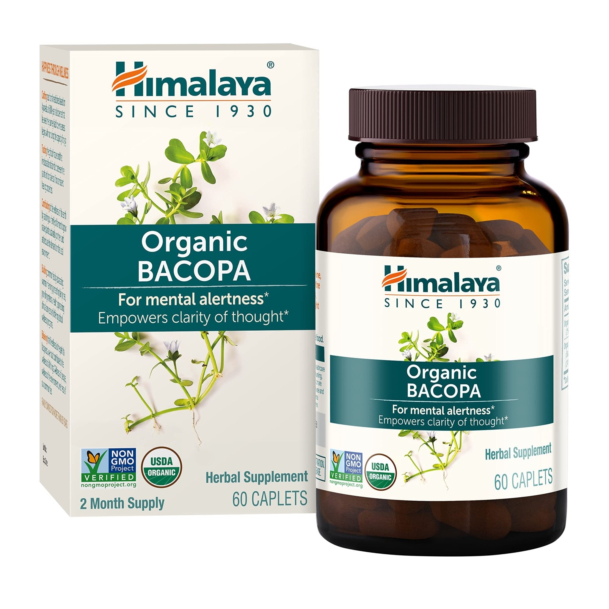 Himalaya Bacopa Monnieri Nootropic Herbal Supplement, Supports Calm, Memory, Cognition, USDA Certified Organic, Non-GMO, 750 mg, 60 Plant-Based Caplets, 60 Day Supply - OzHealthStandard