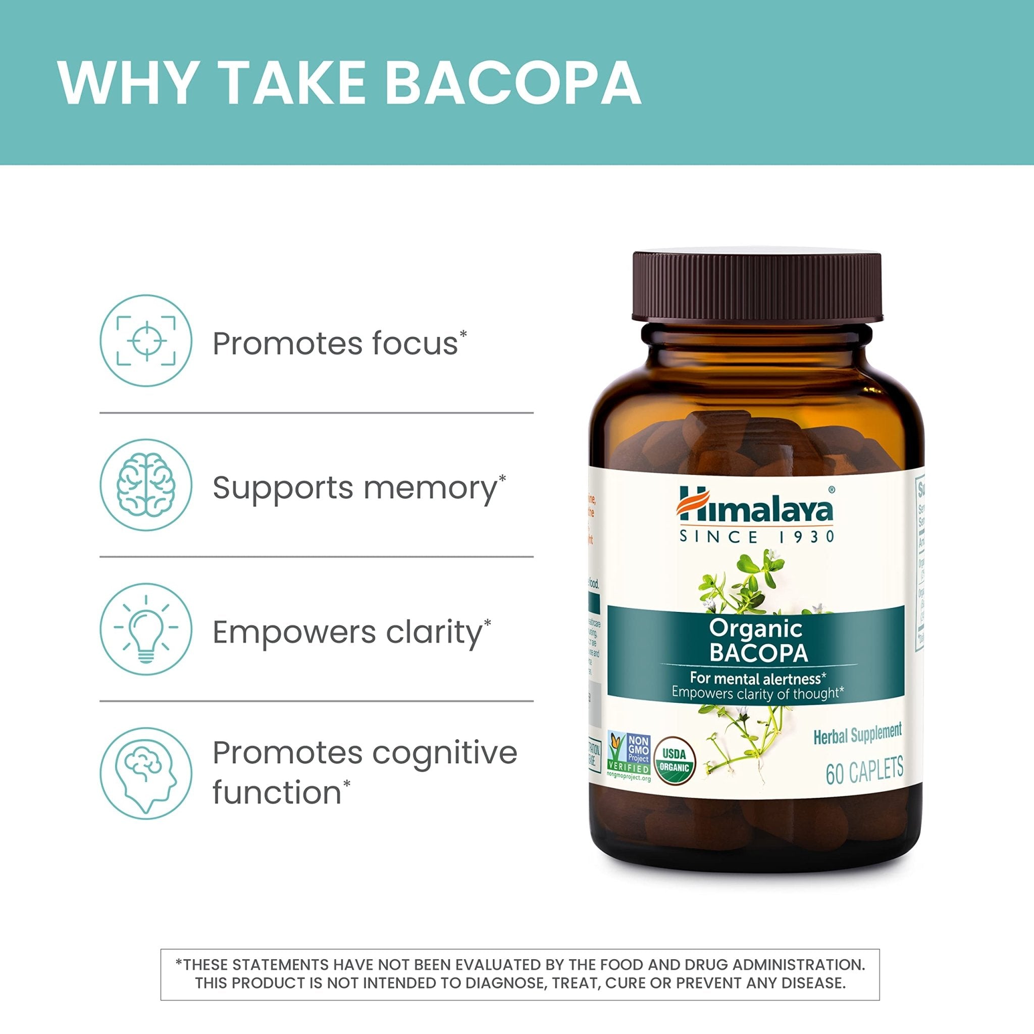 Himalaya Bacopa Monnieri Nootropic Herbal Supplement, Supports Calm, Memory, Cognition, USDA Certified Organic, Non-GMO, 750 mg, 60 Plant-Based Caplets, 60 Day Supply - OzHealthStandard