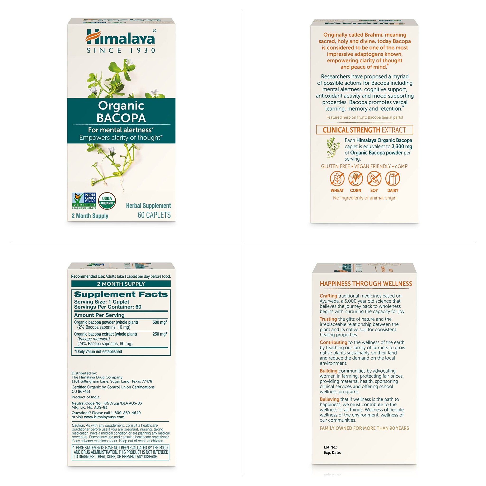 Himalaya Bacopa Monnieri Nootropic Herbal Supplement, Supports Calm, Memory, Cognition, USDA Certified Organic, Non-GMO, 750 mg, 60 Plant-Based Caplets, 60 Day Supply - OzHealthStandard