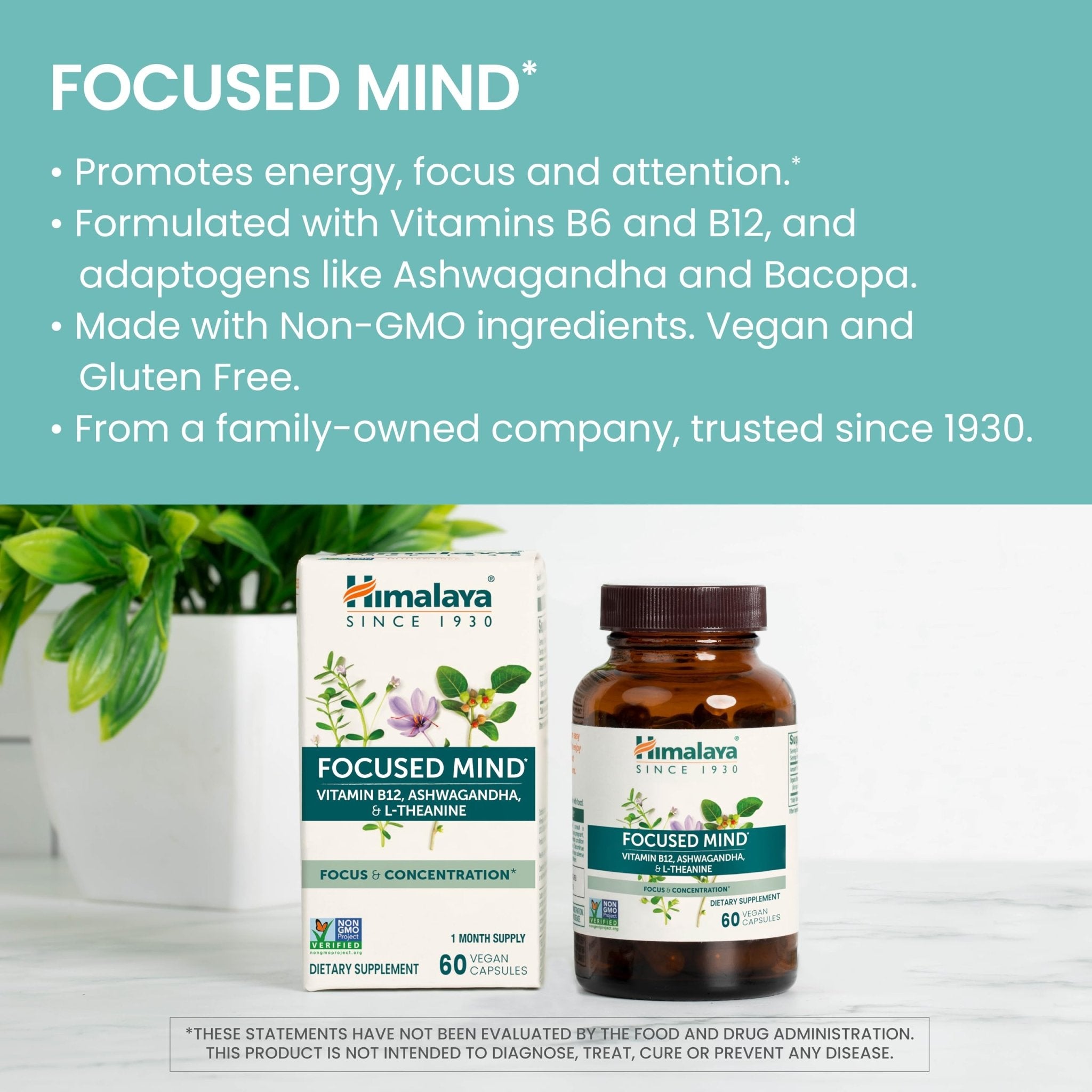 Himalaya Focused Mind Supplement, with Ashwagandha, Bacopa & L-Theanine for Attention, Focus and Energy Support, 60 Vegan Capsules, Gluten Free, 1 Month Supply - OzHealthStandard