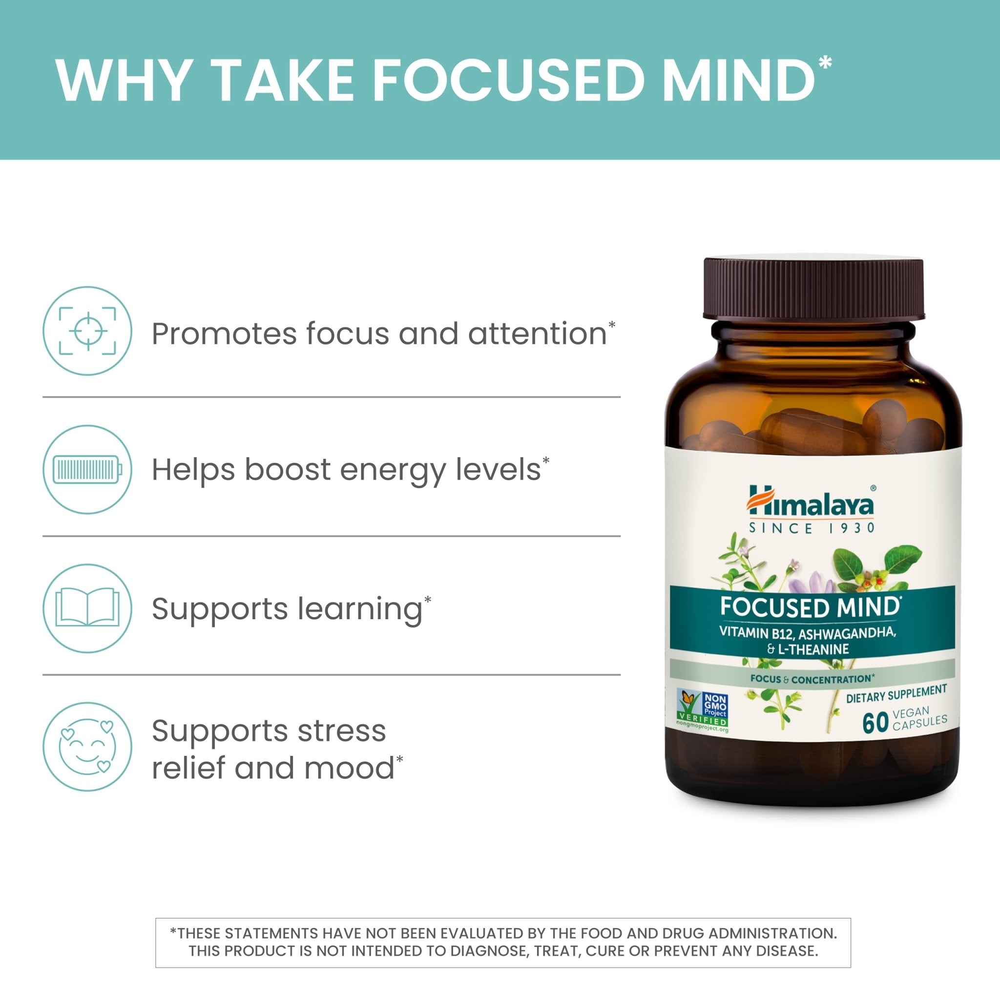 Himalaya Focused Mind Supplement, with Ashwagandha, Bacopa & L-Theanine for Attention, Focus and Energy Support, 60 Vegan Capsules, Gluten Free, 1 Month Supply - OzHealthStandard