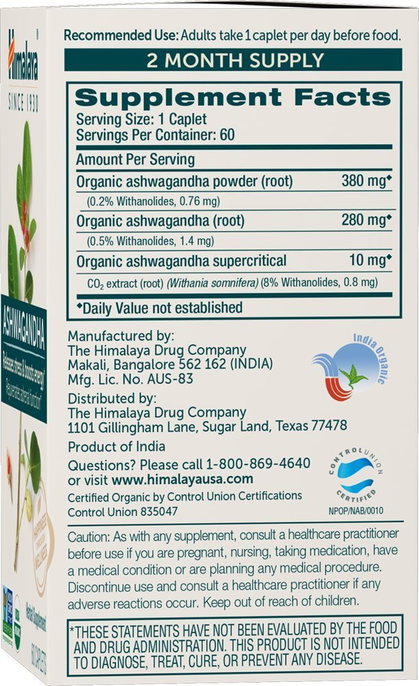 Himalaya Organic Ashwagandha Root, 120 Day Supply - Herbal Adrenal Support Supplements for Stress Relief and Energy Support - USDA Organic, Non-GMO, Vegan, Gluten Free, 60 Caplets, 2 Pack - OzHealthStandard