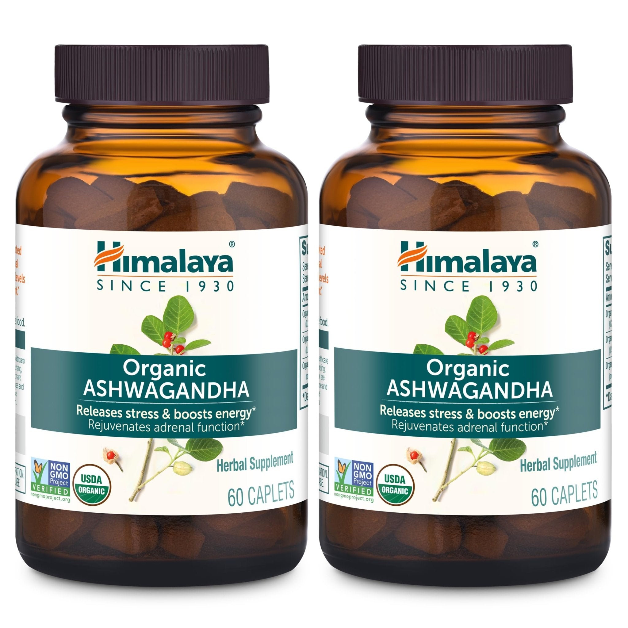 Himalaya Organic Ashwagandha Root, 120 Day Supply - Herbal Adrenal Support Supplements for Stress Relief and Energy Support - USDA Organic, Non-GMO, Vegan, Gluten Free, 60 Caplets, 2 Pack - OzHealthStandard