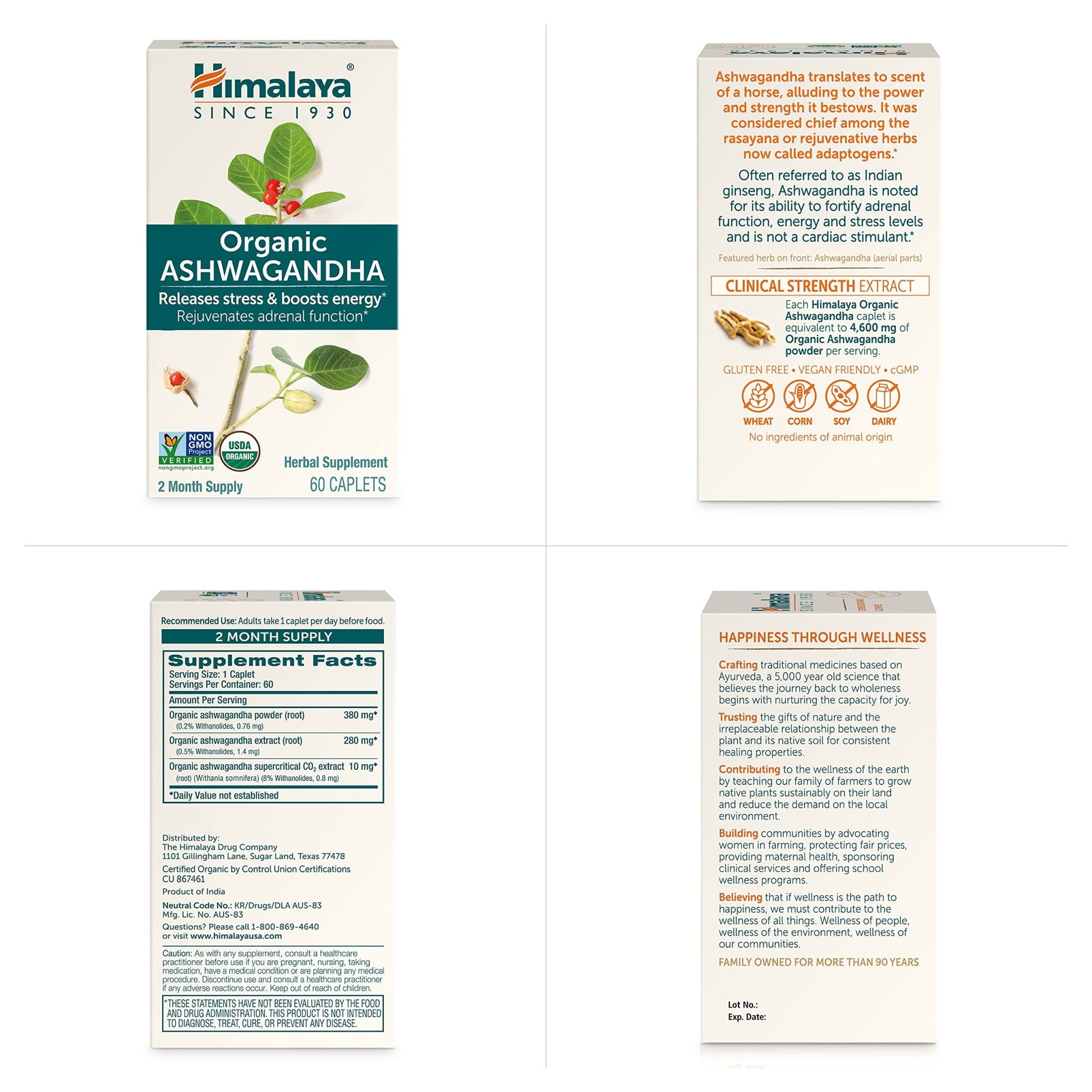 Himalaya Organic Ashwagandha Root, 120 Day Supply - Herbal Adrenal Support Supplements for Stress Relief and Energy Support - USDA Organic, Non-GMO, Vegan, Gluten Free, 60 Caplets, 2 Pack - OzHealthStandard