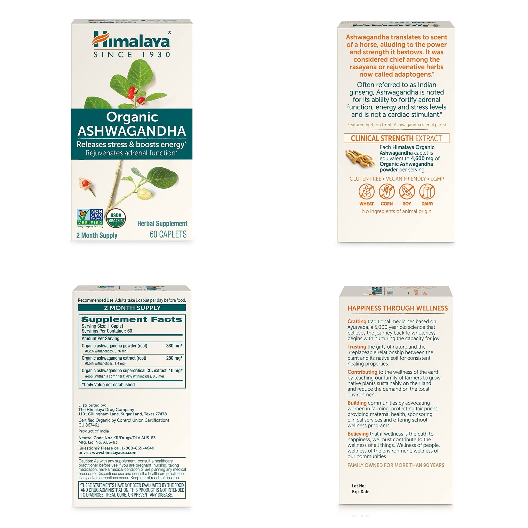 Himalaya Organic Ashwagandha Root, 120 Day Supply - Herbal Adrenal Support Supplements for Stress Relief and Energy Support - USDA Organic, Non-GMO, Vegan, Gluten Free, 60 Caplets, 2 Pack - OzHealthStandard