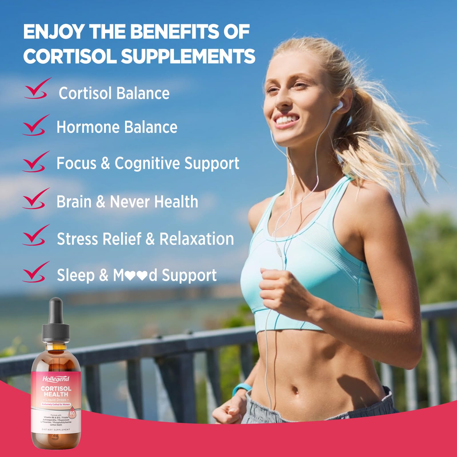 HOLLEGEND Cortisol Supplements for Women, Cortisol Wellness Liquid Drops, 16 in 1 Cortisol Detox Reducer w. Ashwagandha, Magnesium, L-Theanine, Folate for Relaxation & Hormone Balance, Strawberry - OzHealthStandard