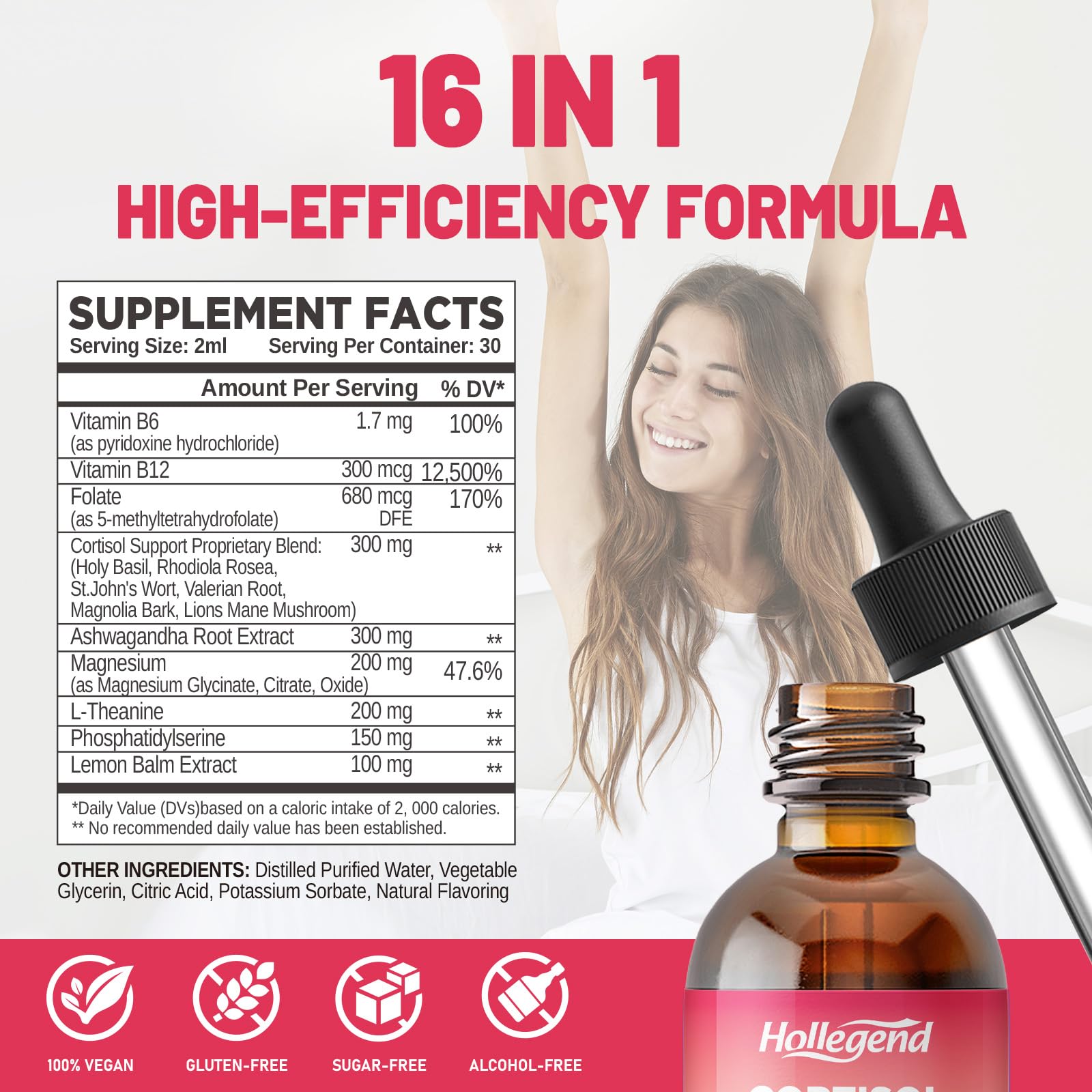 HOLLEGEND Cortisol Supplements for Women, Cortisol Wellness Liquid Drops, 16 in 1 Cortisol Detox Reducer w. Ashwagandha, Magnesium, L-Theanine, Folate for Relaxation & Hormone Balance, Strawberry - OzHealthStandard