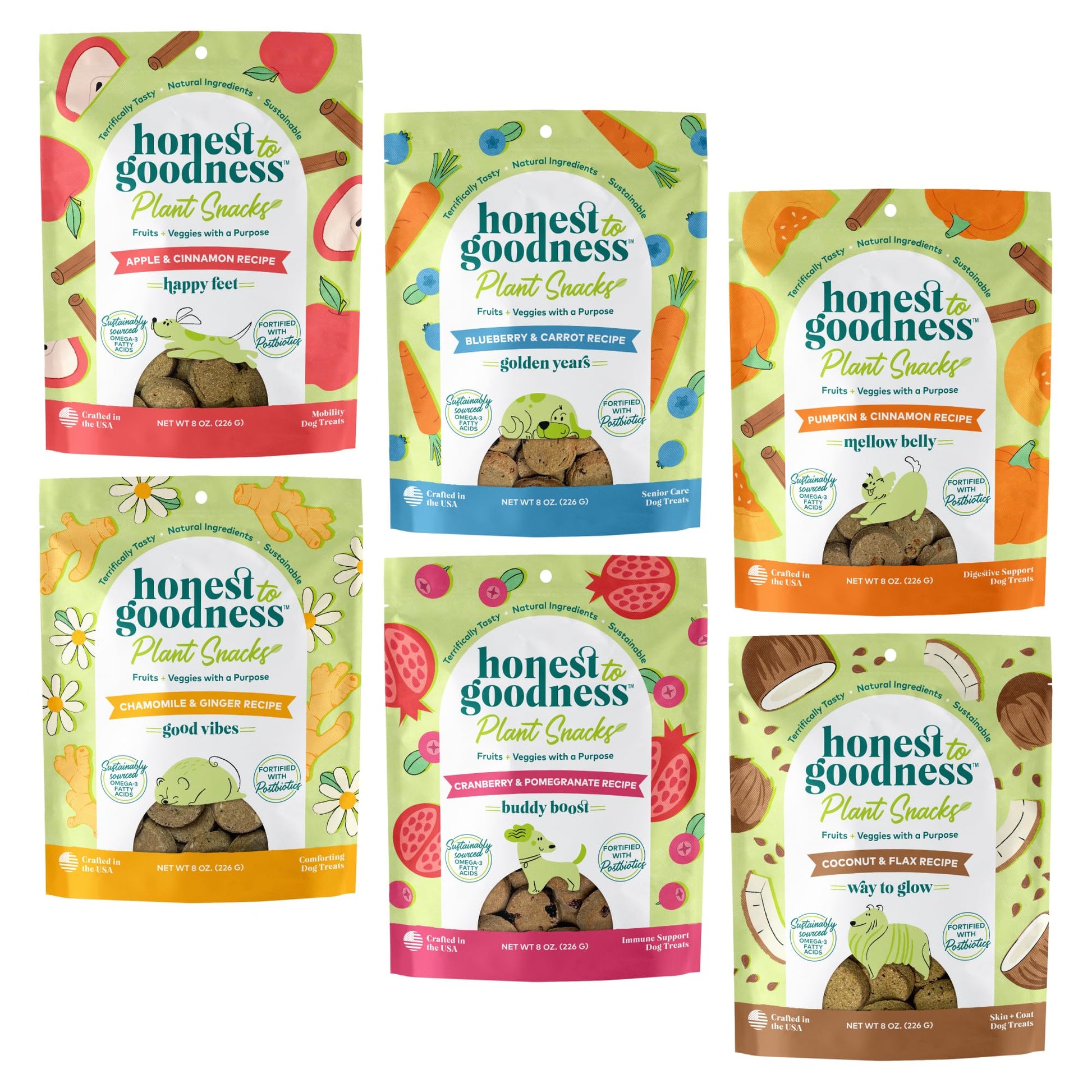 Honest to Goodness Plant Snacks Dog Treats, Enriched with Omega 3s & Postbiotics, 8oz Variety Pack, 6 Bags - OzHealthStandard