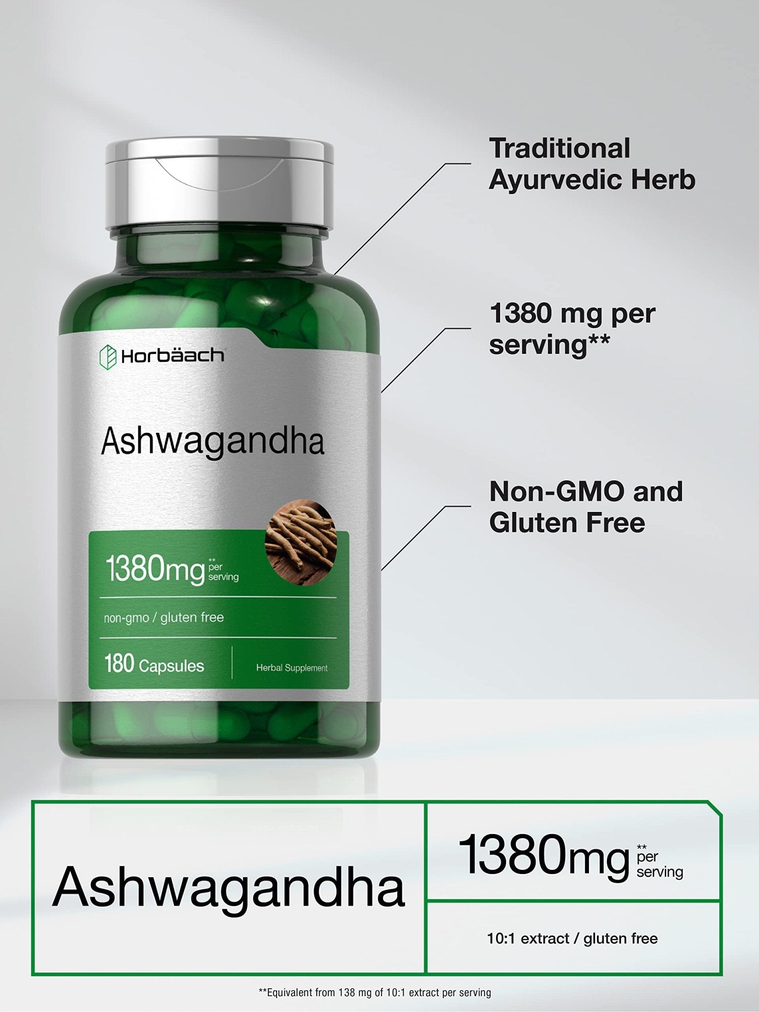 Horbäach Ashwagandha Root Supplement | 180 Capsules | for Women and Men | Herbal Extract | Non-GMO, Gluten Free - OzHealthStandard