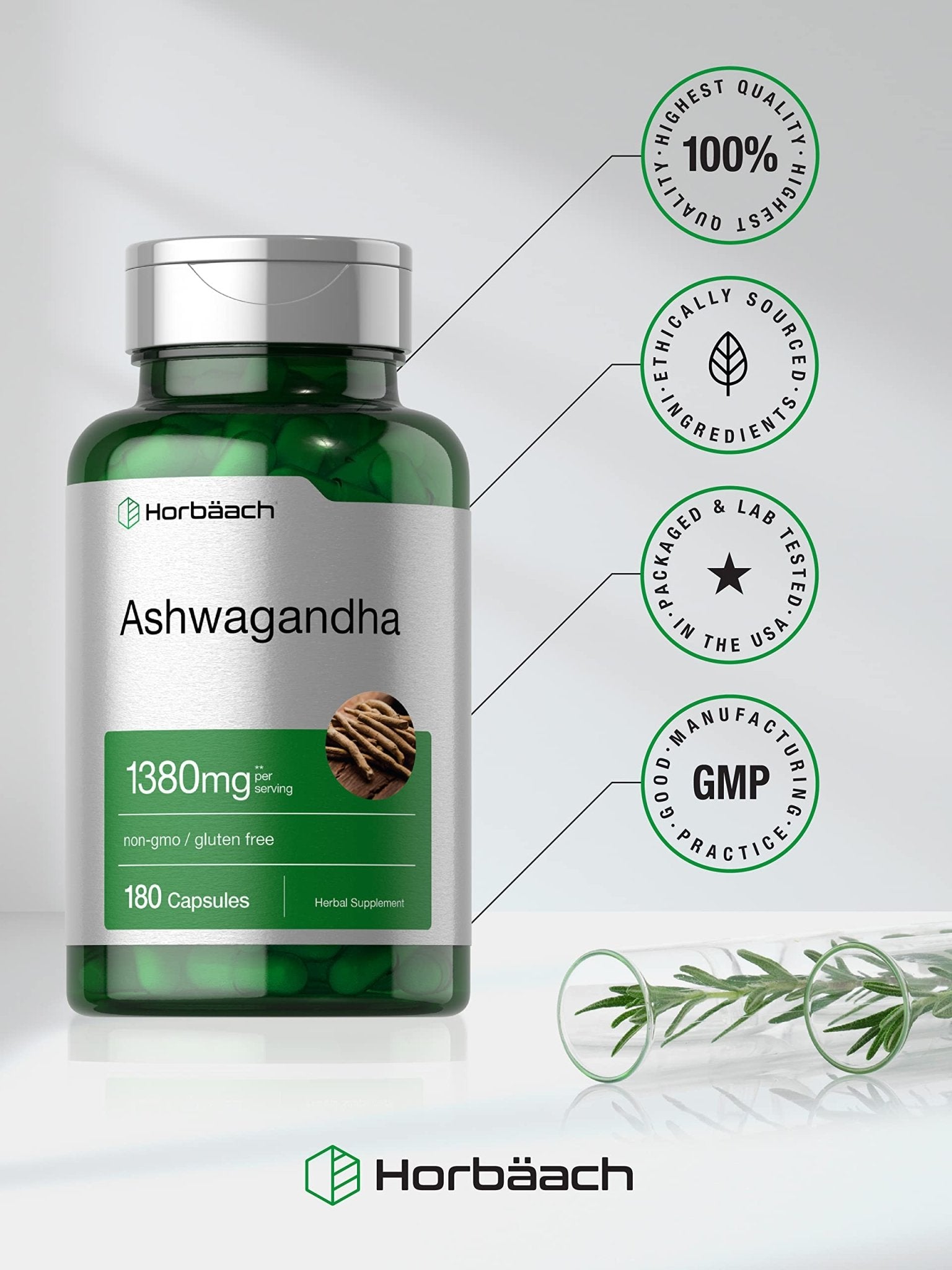 Horbäach Ashwagandha Root Supplement | 180 Capsules | for Women and Men | Herbal Extract | Non-GMO, Gluten Free - OzHealthStandard