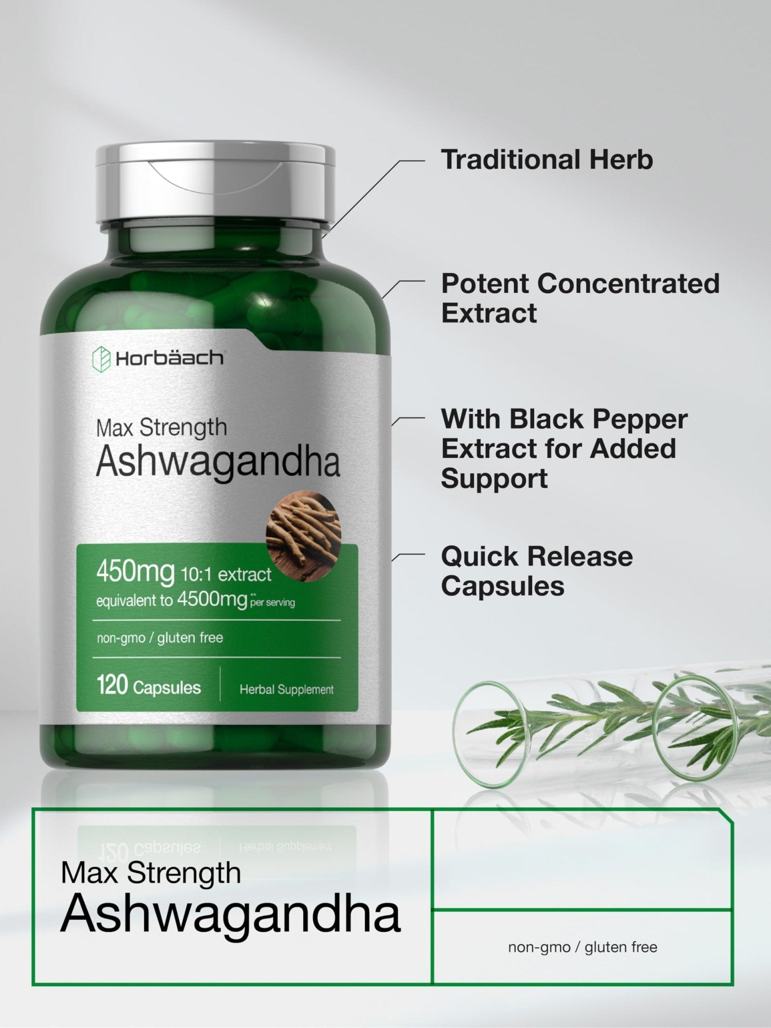 Horbäach Ashwagandha Supplement | Max Strength | 120 Capsules | Non-GMO, Gluten Free - OzHealthStandard