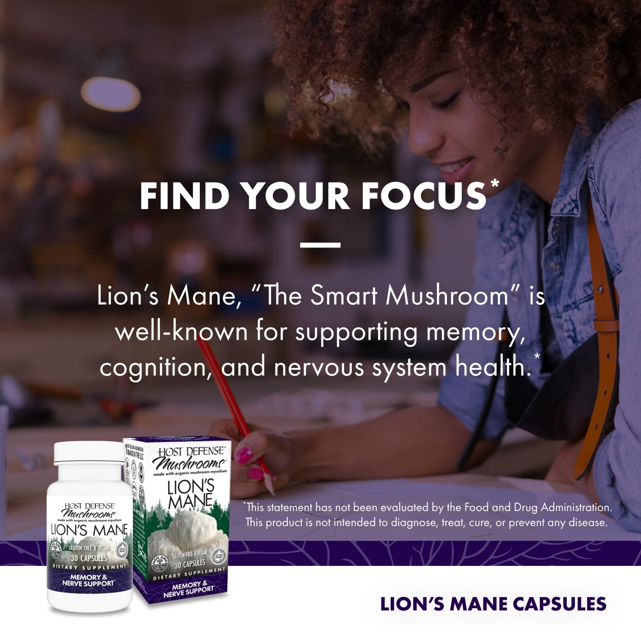 Host Defense Mushrooms Lion's Mane - Brain Health Support Supplement for Focus & Memory Function - Immune & Nervous System Support Supplement- 30 Capsules - OzHealthStandard