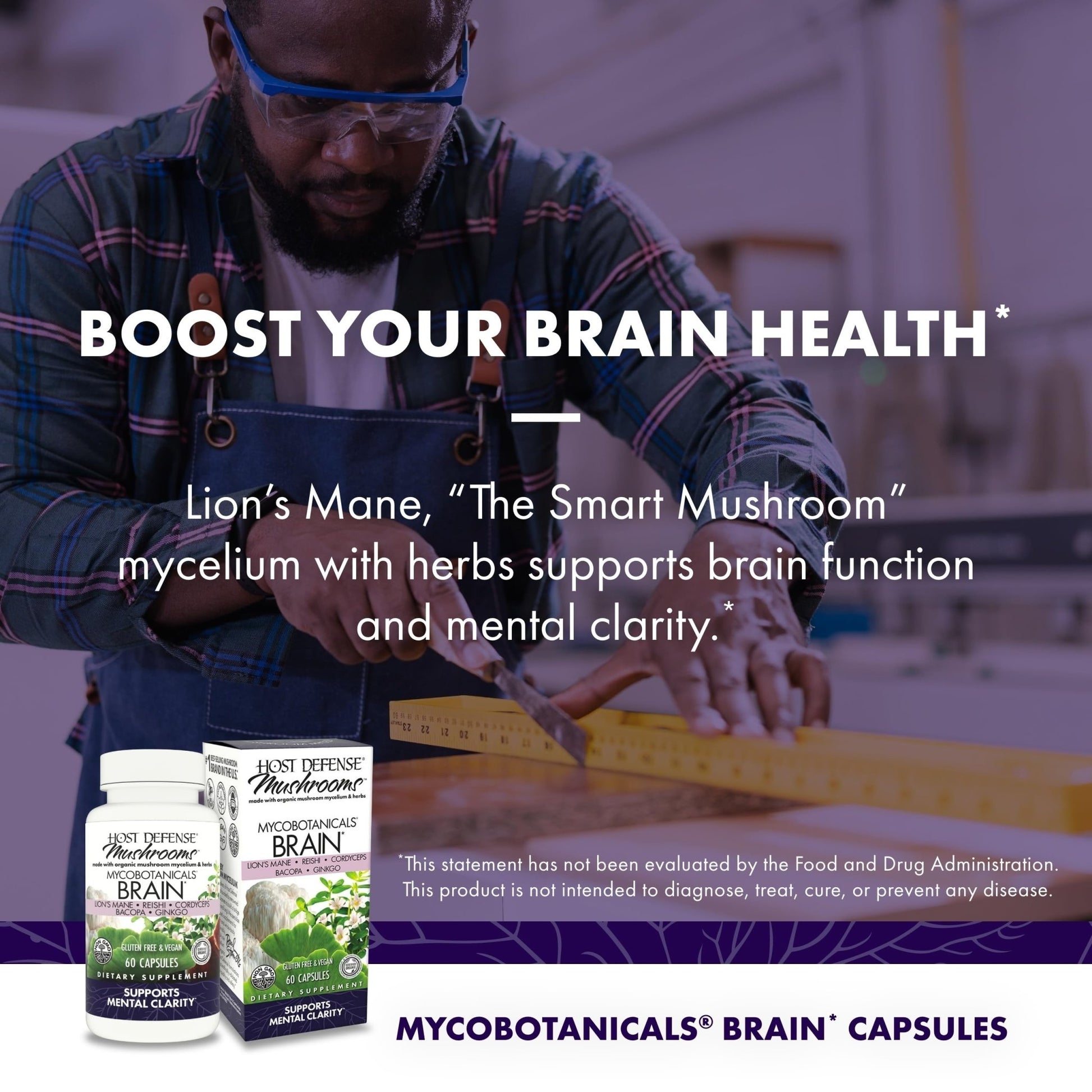 Host Defense MycoBotanicals Brain* Capsules - Brain Support Supplement with Lion's Mane, Reishi & Cordyceps Mushroom - Herbal Supplement for Memory & Focus Support - 60 Capsules - OzHealthStandard