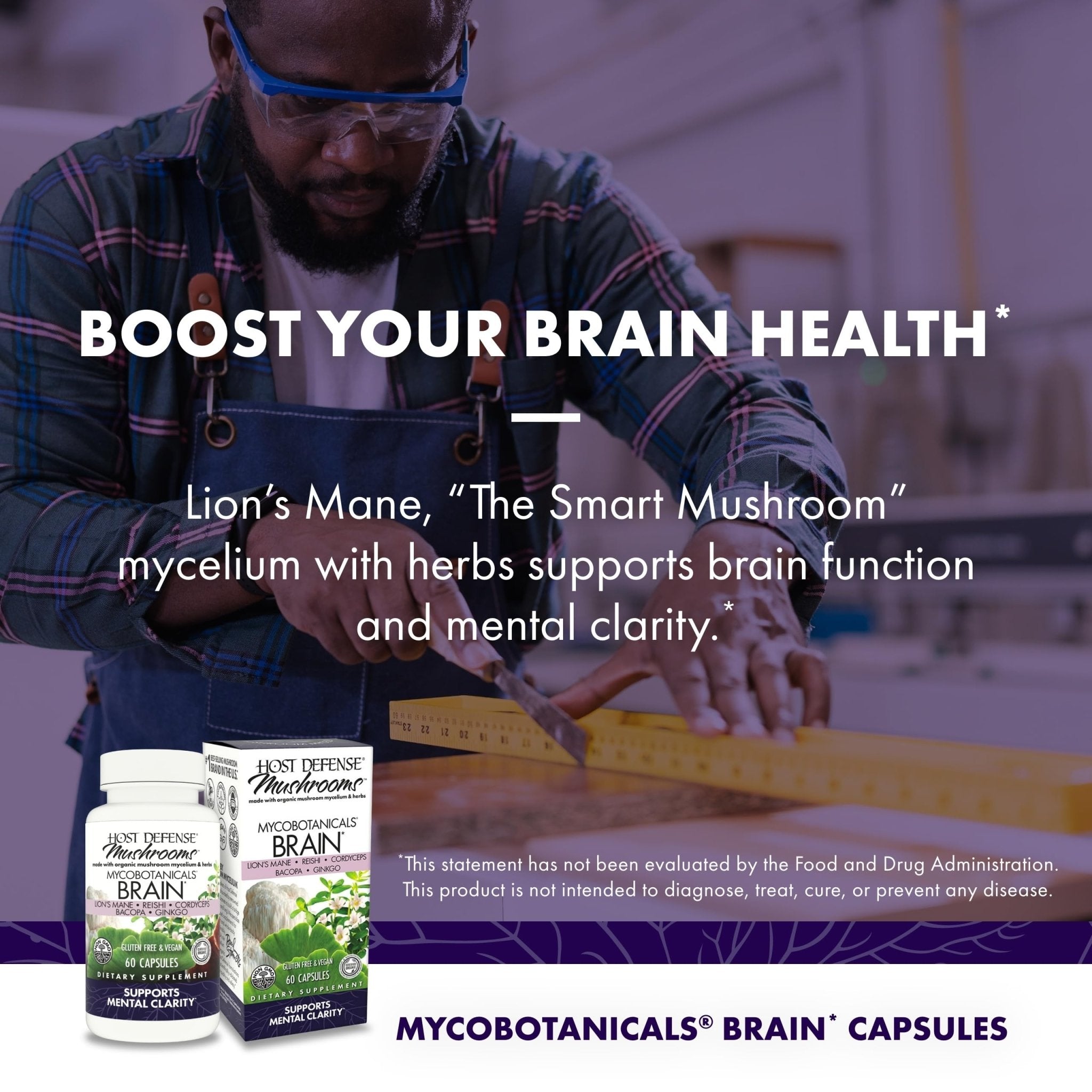 Host Defense MycoBotanicals Brain* Capsules - Brain Support Supplement with Lion's Mane, Reishi & Cordyceps Mushroom - Herbal Supplement for Memory & Focus Support - 60 Capsules - OzHealthStandard