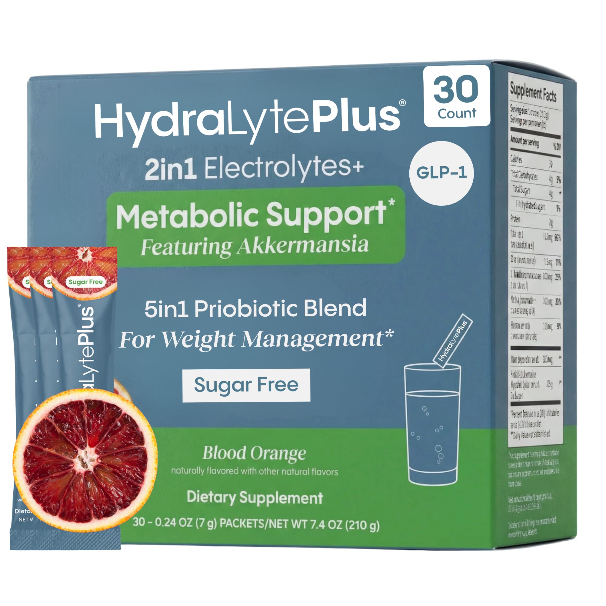 Hydralyte Plus Metabolic Support - GLP-1 Weight Loss Management and Gut Health - 5in1 Probiotic Blend - Akkermansia Muciniphila + Prebiotic Fiber + Electrolytes - Sugar Free (30 Packets) - OzHealthStandard
