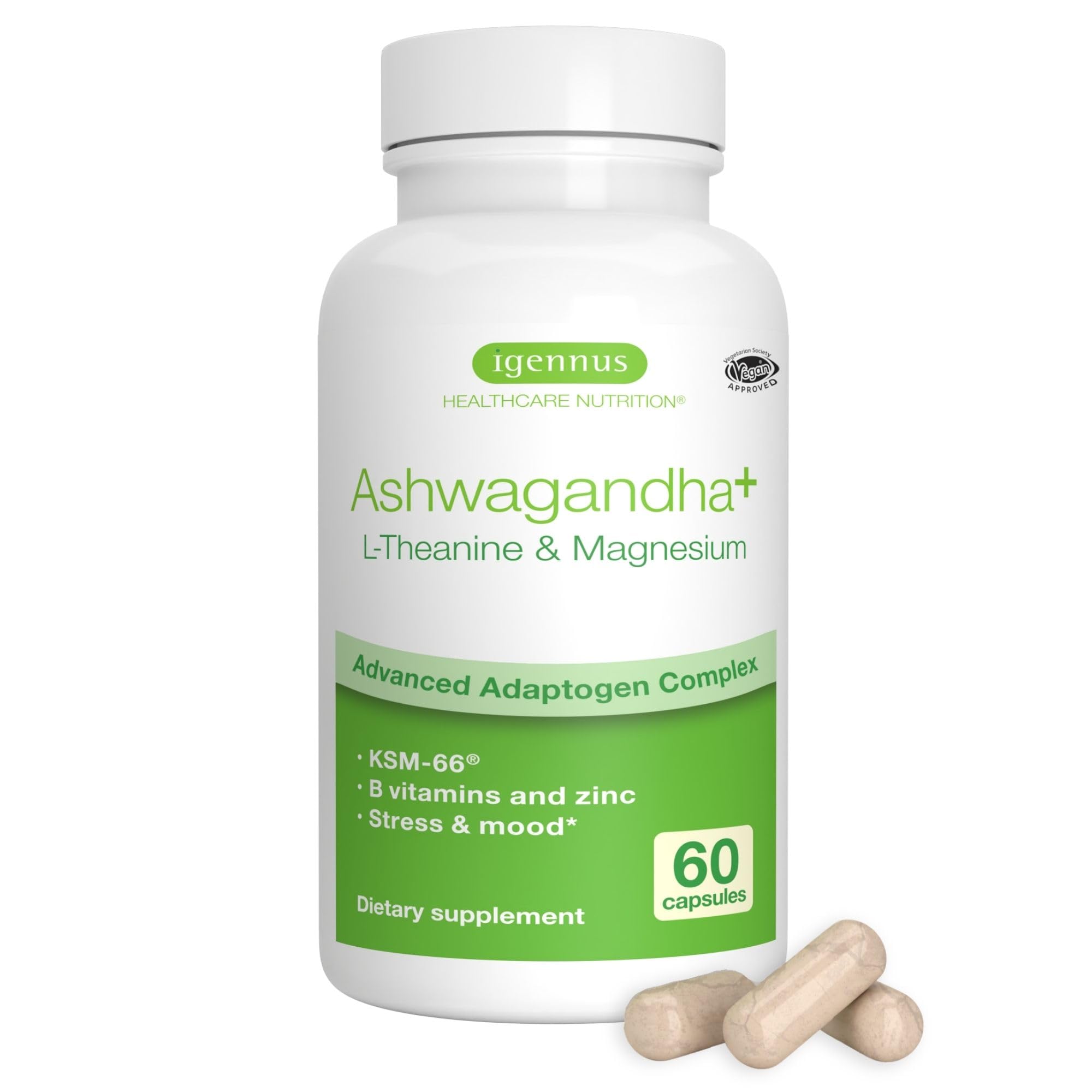 Igennus High Strength Ashwagandha, Magnesium, & L-Theanine Stress Relief Complex, KSM-66 Root Extract Adaptogens, Boosted with Methylfolate, Zinc & Biotin Clean Label, 60 Fast Acting Capsules - OzHealthStandard