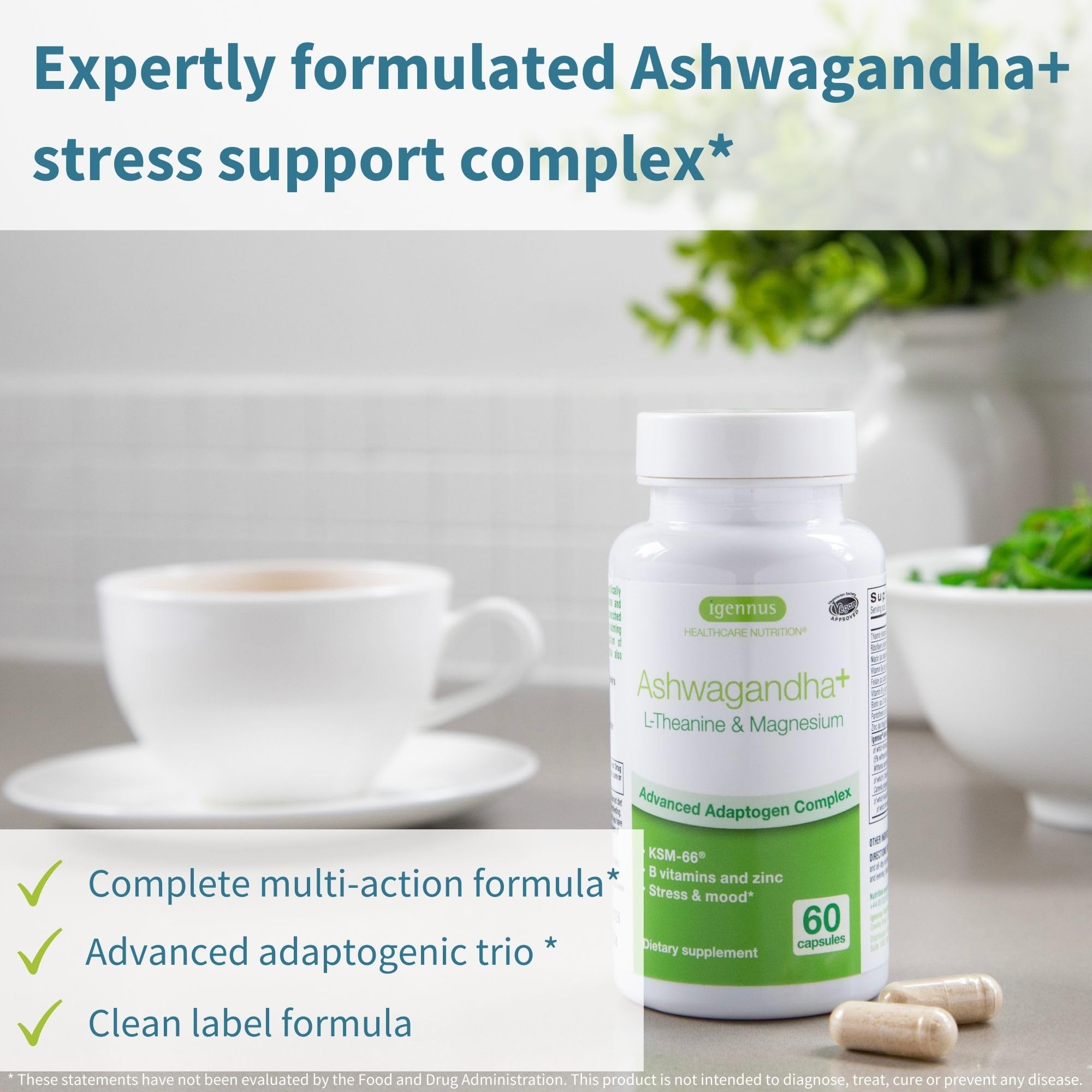 Igennus High Strength Ashwagandha, Magnesium, & L-Theanine Stress Relief Complex, KSM-66 Root Extract Adaptogens, Boosted with Methylfolate, Zinc & Biotin Clean Label, 60 Fast Acting Capsules - OzHealthStandard
