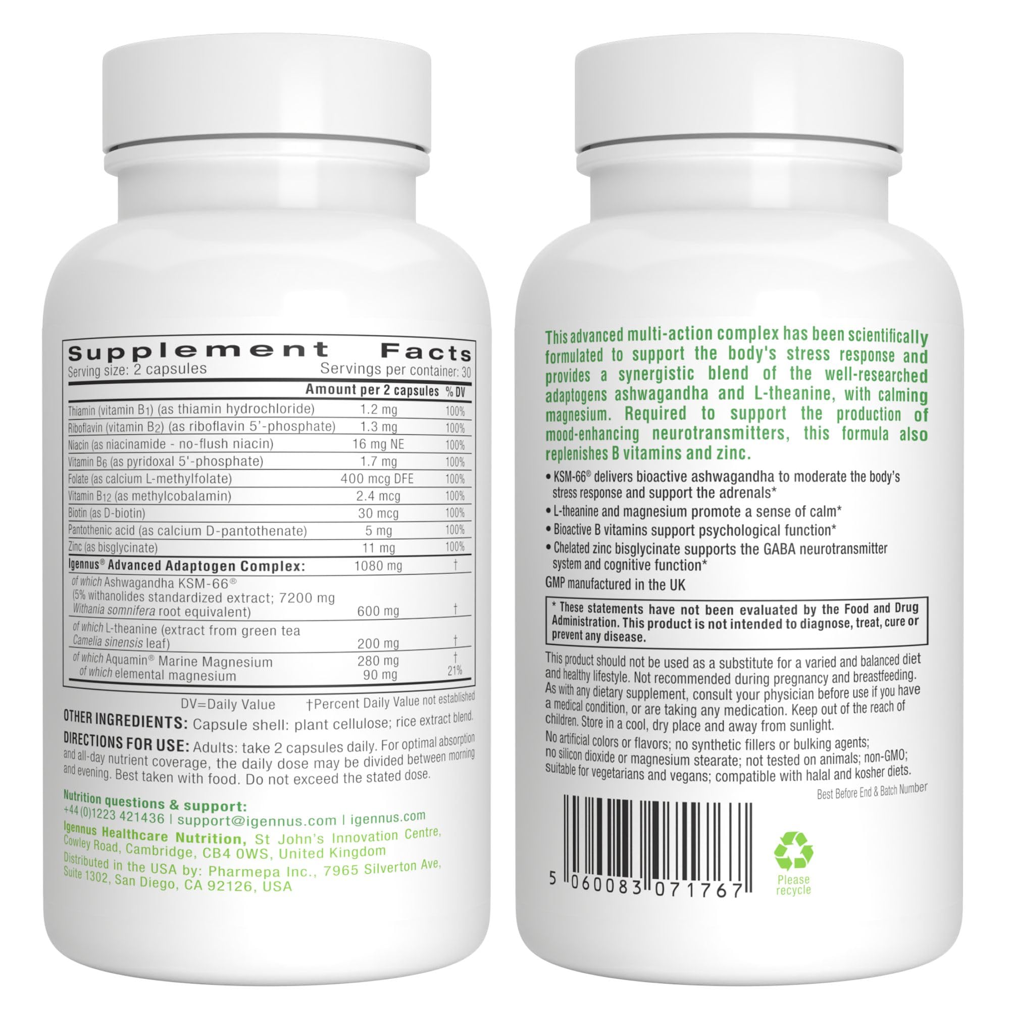 Igennus High Strength Ashwagandha, Magnesium, & L-Theanine Stress Relief Complex, KSM-66 Root Extract Adaptogens, Boosted with Methylfolate, Zinc & Biotin Clean Label, 60 Fast Acting Capsules - OzHealthStandard