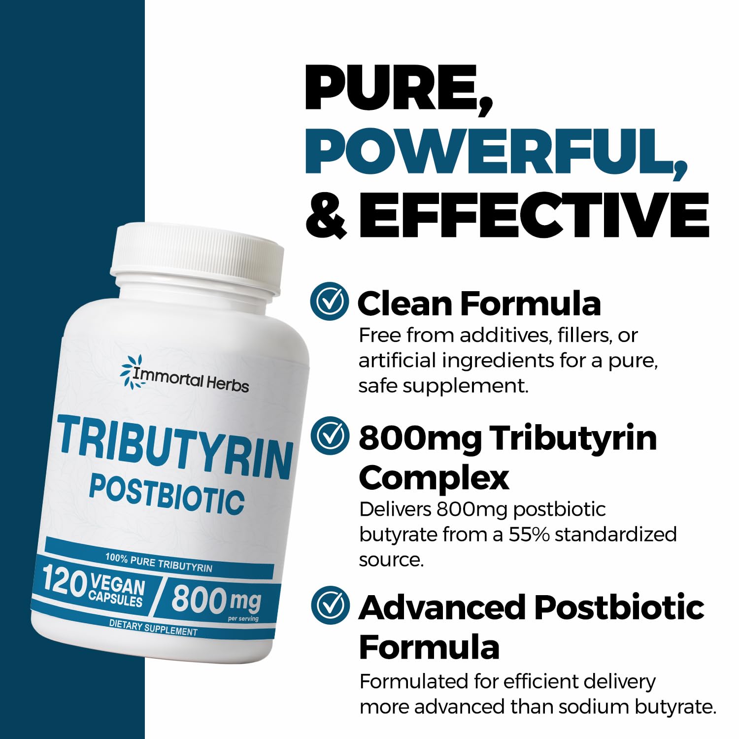 Immortal Herbs Tributyrin Supplement 800mg, Advanced Butyrate Form, 55% Standardized, More Effective Delivery Than Sodium Butyrate, 120 Capsules, Non-GMO & Gluten Free Postbiotic Supplement - OzHealthStandard