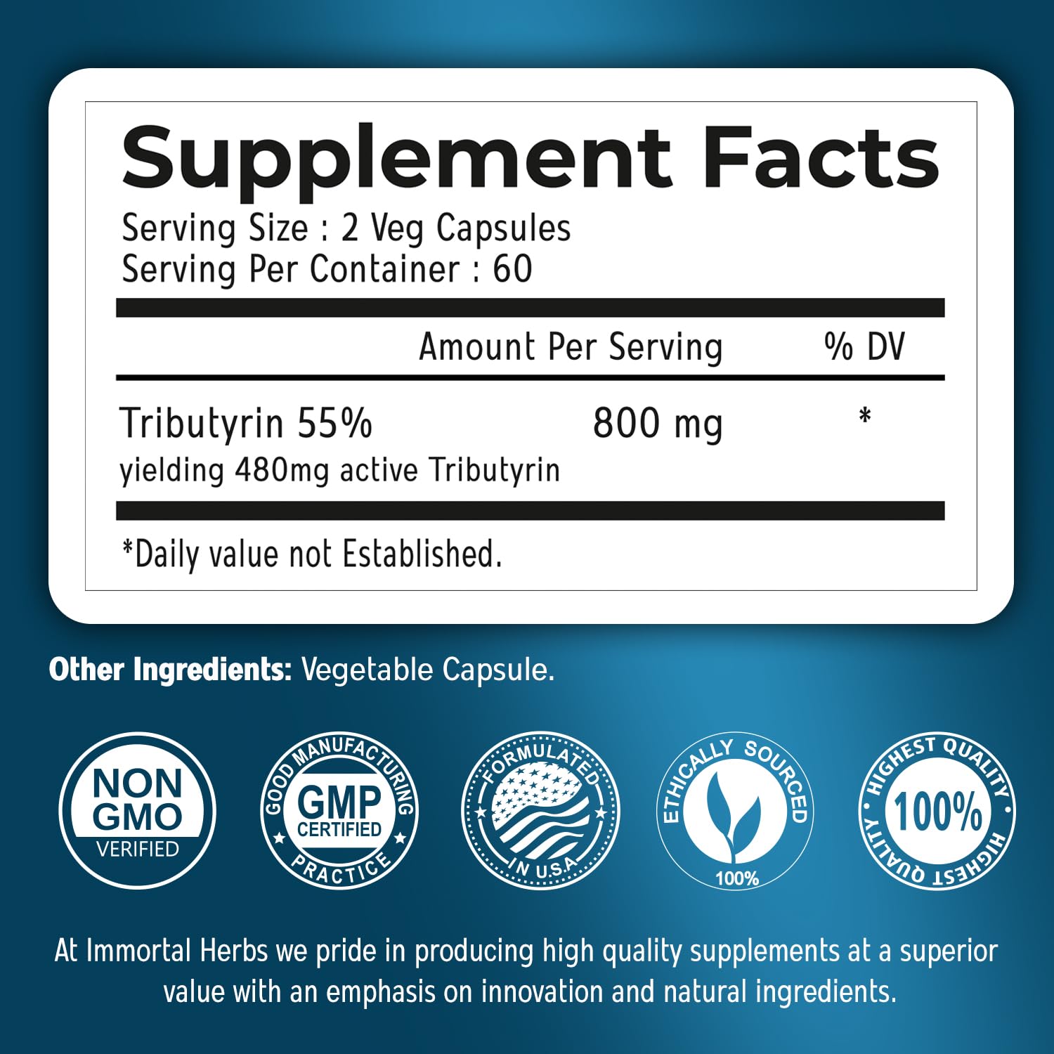 Immortal Herbs Tributyrin Supplement 800mg, Advanced Butyrate Form, 55% Standardized, More Effective Delivery Than Sodium Butyrate, 120 Capsules, Non-GMO & Gluten Free Postbiotic Supplement - OzHealthStandard