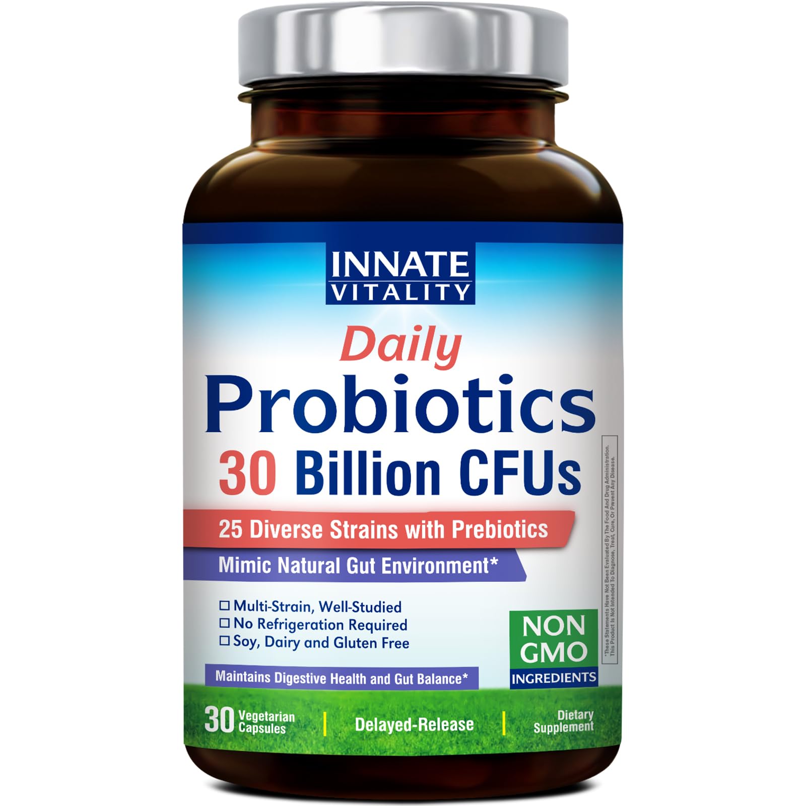 Innate Vitality Daily Probiotics for Women & Men, 30 Billion CFU of 25 Strains, Prebiotics, for Digestive Health Diarrhea Constipation Bloating & Gas Relief, Delayed Release, No Gluten, Vegan, 30 Caps - OzHealthStandard