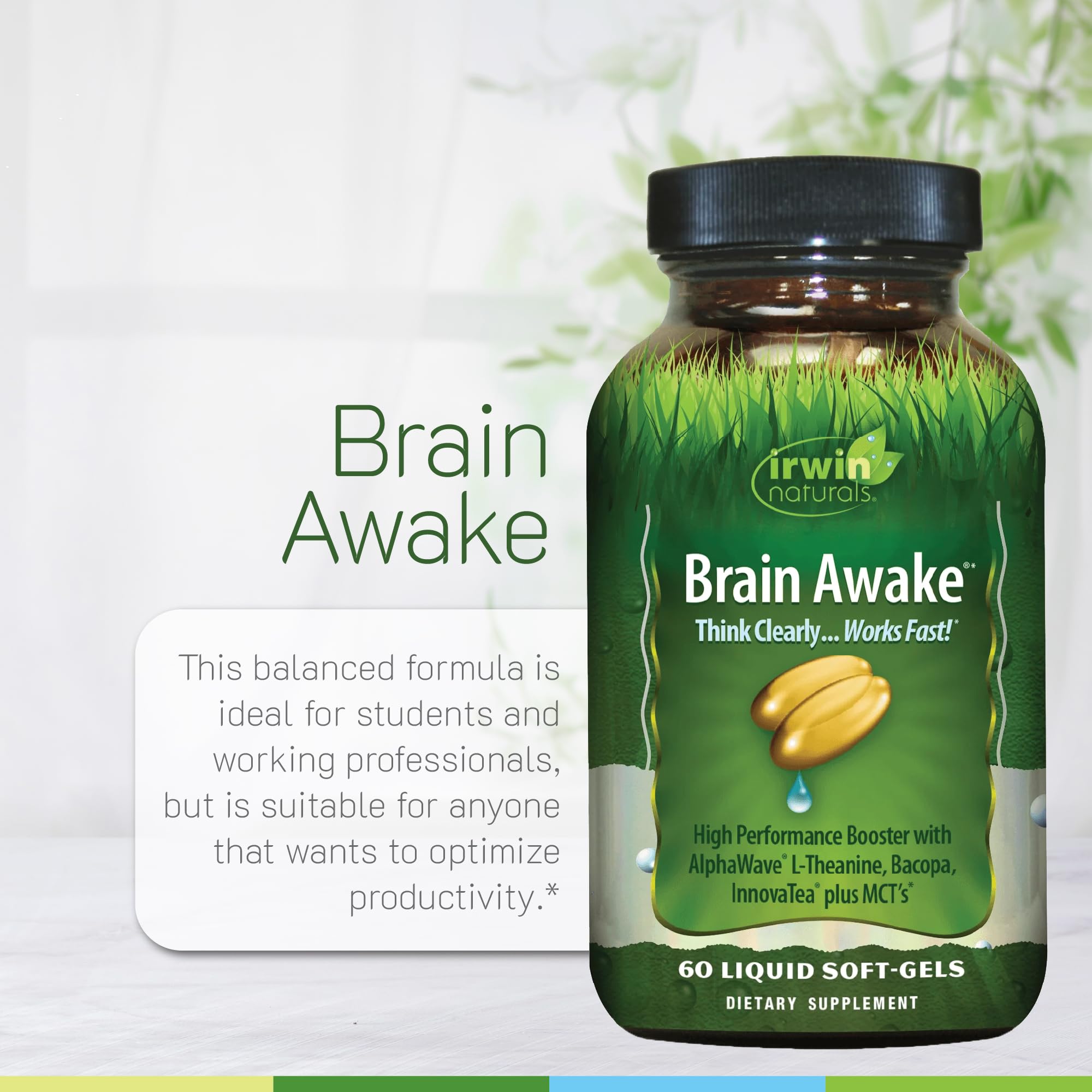 Irwin Naturals Brain Awake Enhanced Mental Performance, Increased Focus, Boost Clarity & Concentration - Powerful Nootropic Booster with L-Theanine, Bacopa, MCT's & InnovaTea - 60 Liquid Softgels - OzHealthStandard