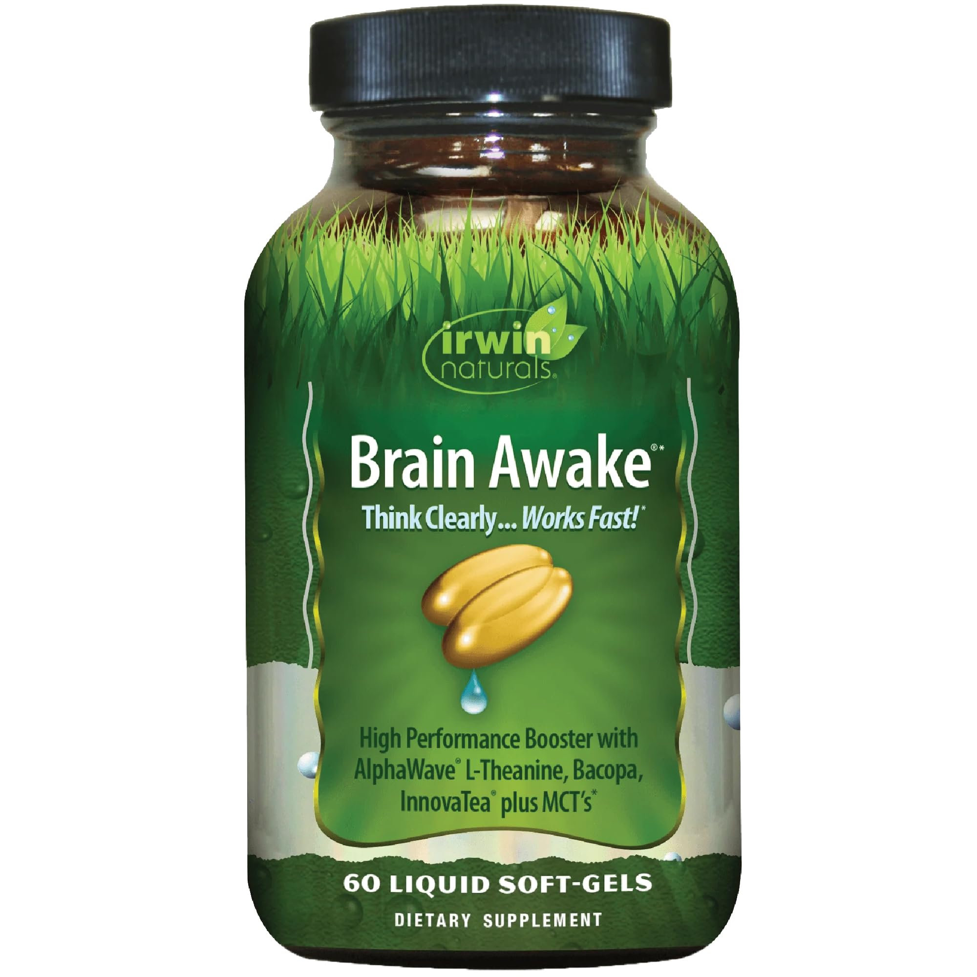 Irwin Naturals Brain Awake Enhanced Mental Performance, Increased Focus, Boost Clarity & Concentration - Powerful Nootropic Booster with L-Theanine, Bacopa, MCT's & InnovaTea - 60 Liquid Softgels - OzHealthStandard