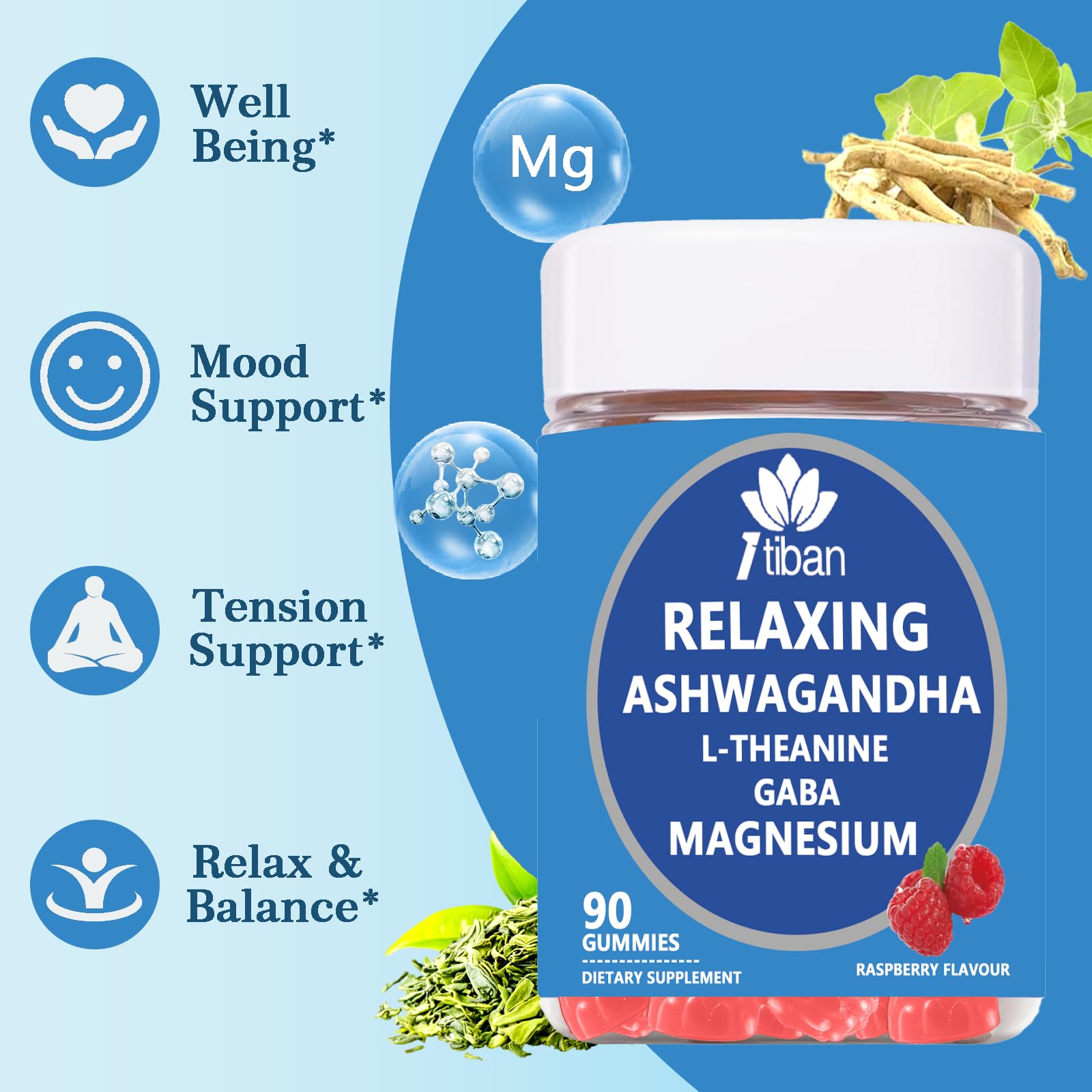 Itiban Cortisol Supplements for Women, Calm Magnesium Glycinate Gummies, Ashwagandha, L-Theanine, GABA, D3, B6, Mood Anxiety Sleep Relax, Raspberry Flavour, Vegan 90 Gummies - OzHealthStandard