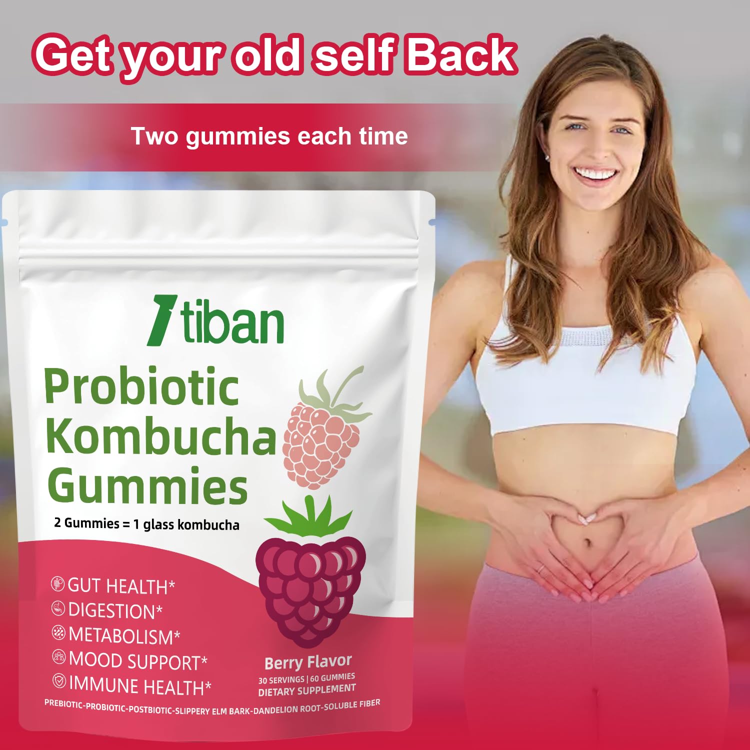 Itiban Probiotic Kombucha Gummy - Prebiotics, Probiotics, Postbiotics, Fiber Supplement, Slippery Elm for Bloating, Gut Health, Women and Men, 60ct - OzHealthStandard