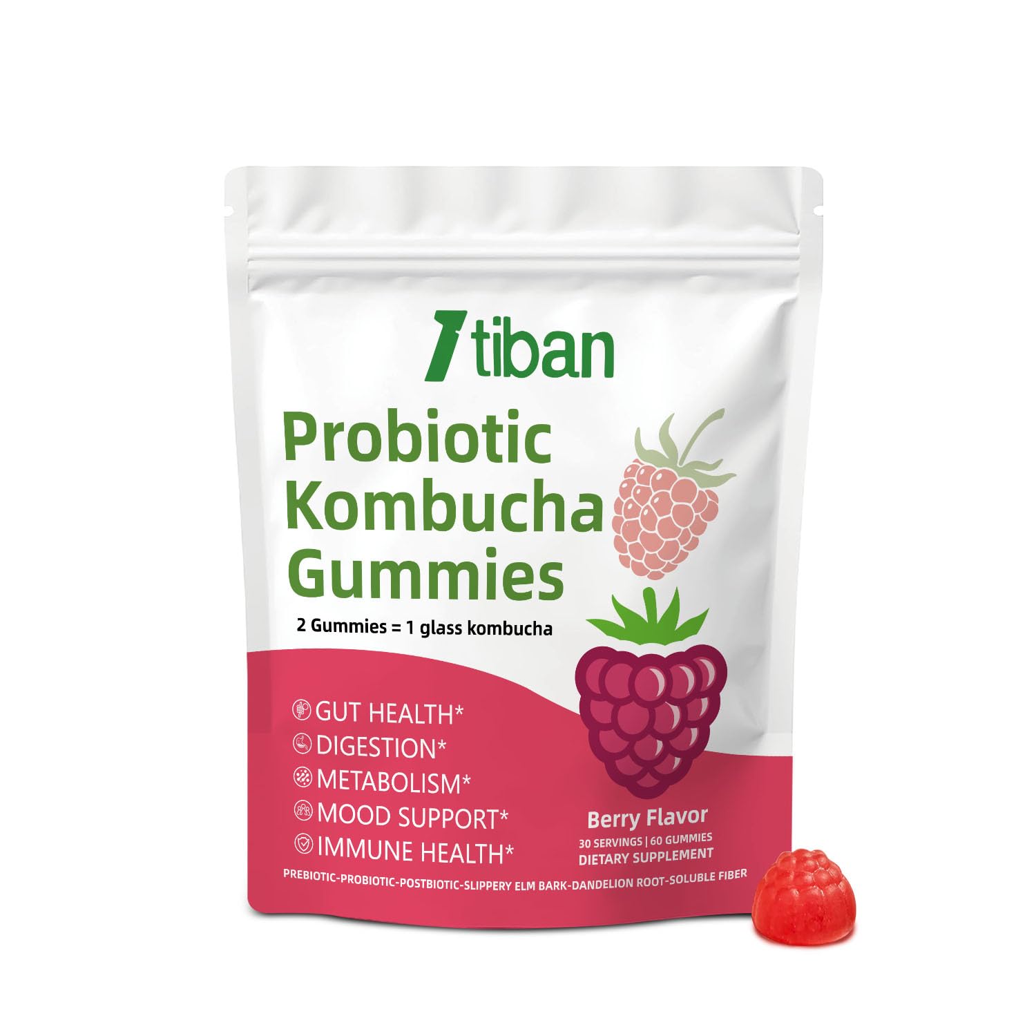 Itiban Probiotic Kombucha Gummy - Prebiotics, Probiotics, Postbiotics, Fiber Supplement, Slippery Elm for Bloating, Gut Health, Women and Men, 60ct - OzHealthStandard