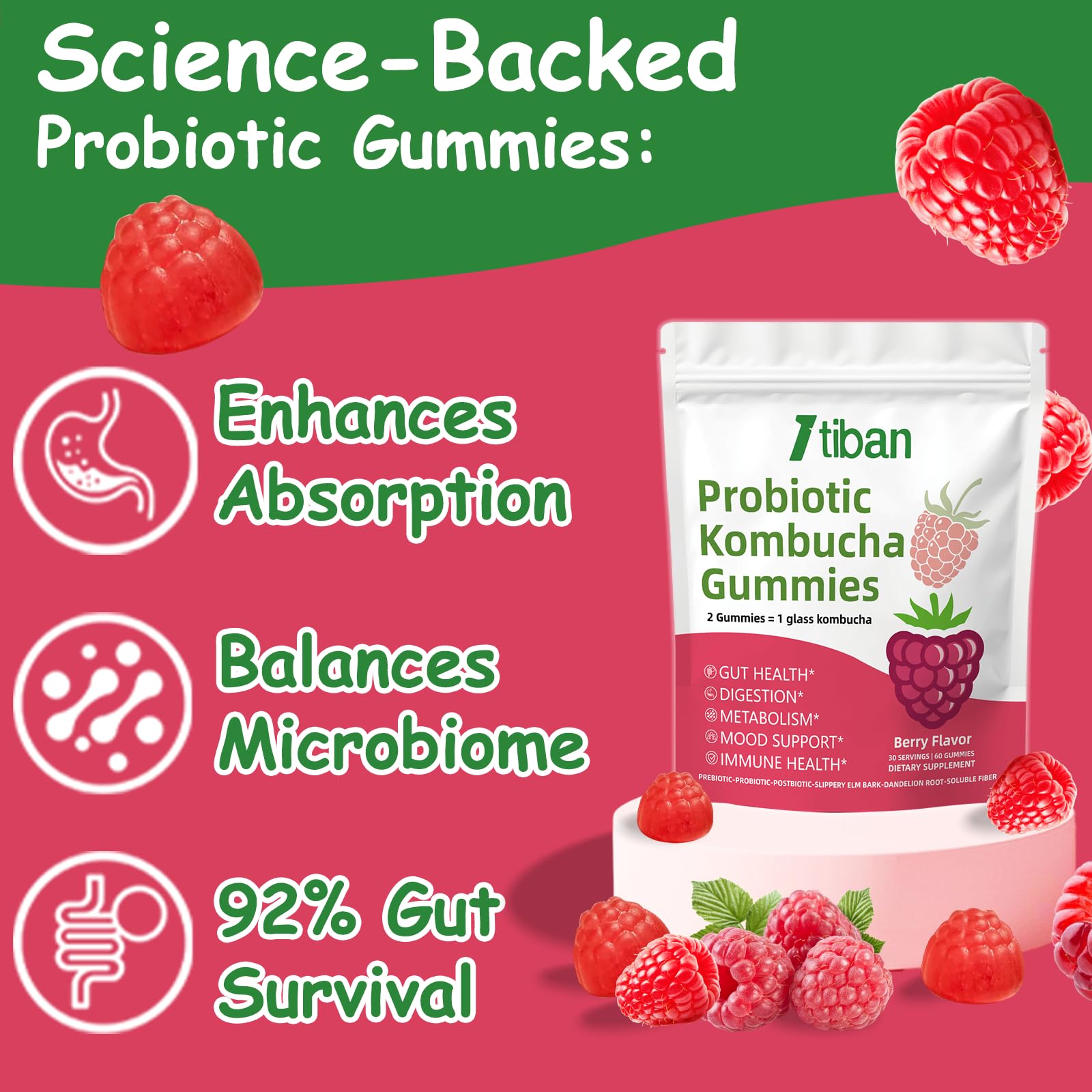 Itiban Probiotic Kombucha Gummy - Prebiotics, Probiotics, Postbiotics, Fiber Supplement, Slippery Elm for Bloating, Gut Health, Women and Men, 60ct - OzHealthStandard