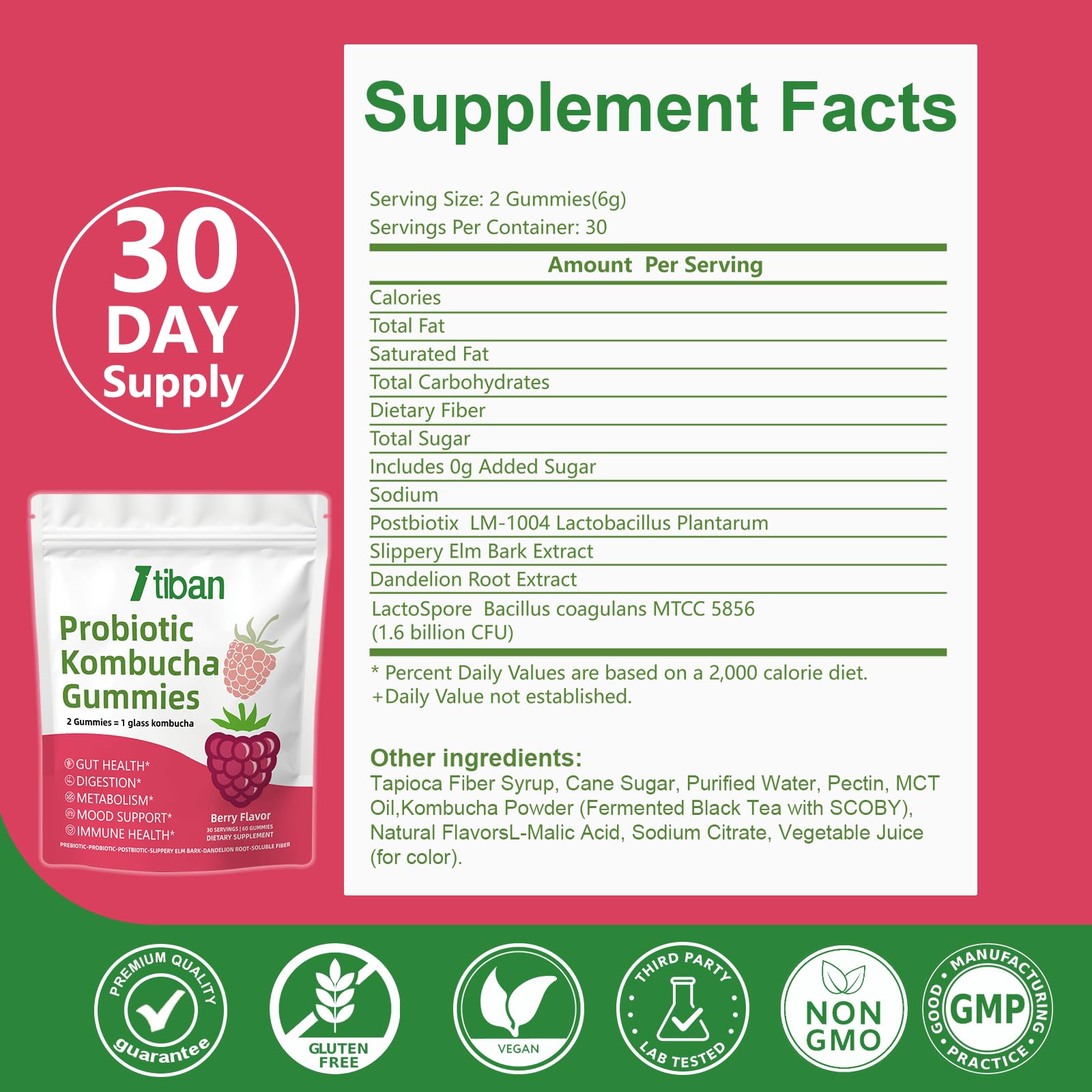 Itiban Probiotic Kombucha Gummy - Prebiotics, Probiotics, Postbiotics, Fiber Supplement, Slippery Elm for Bloating, Gut Health, Women and Men, 60ct - OzHealthStandard