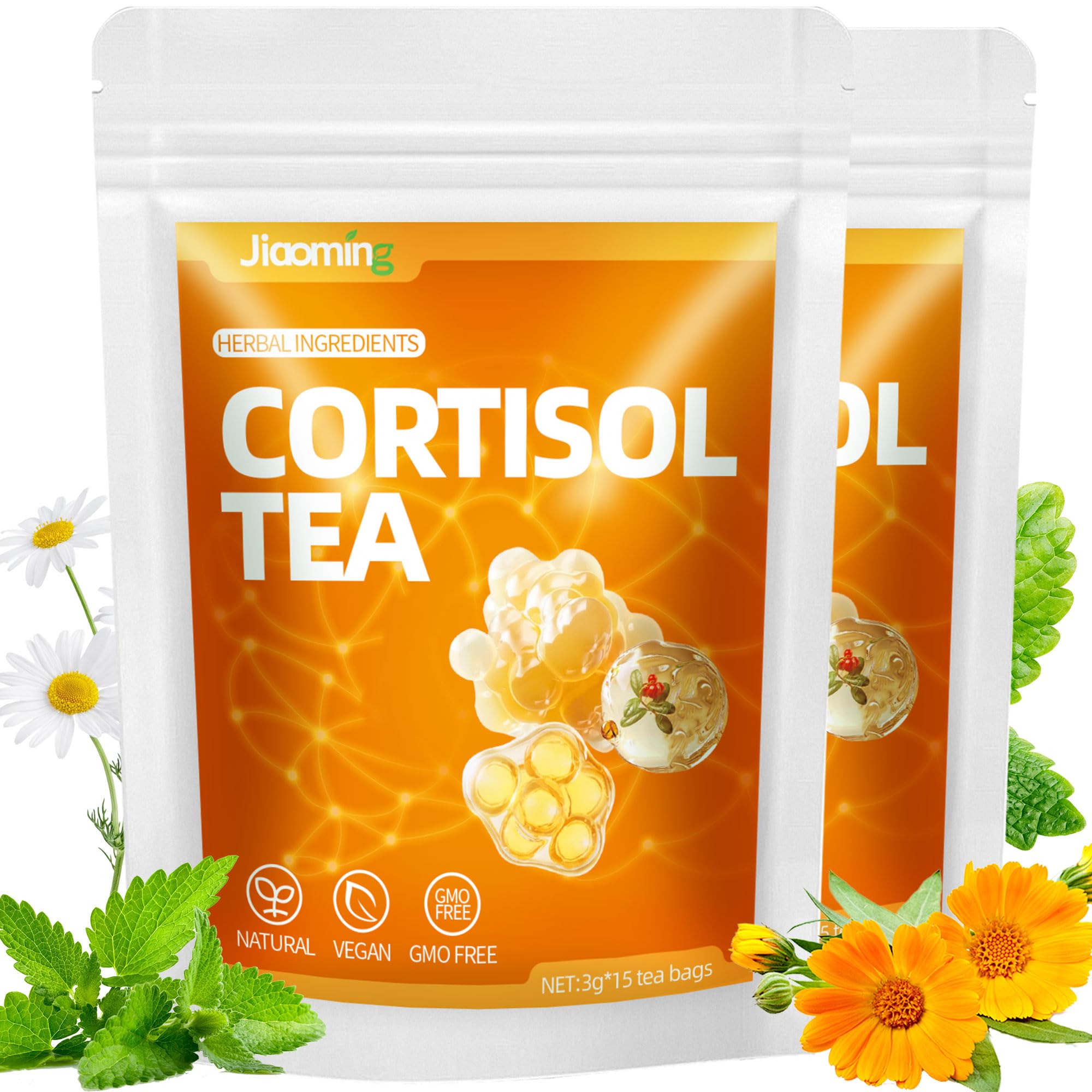JIAOMING 2 Packs Natural Cortisol Reducing Tea, Healthy Cortisol Levels & Mental Clarity, Loose Leaf Detox Drink Teabags with Ashwagandha for Men and Women Sleep Time Relaxation, Mood Swing Reducer - OzHealthStandard