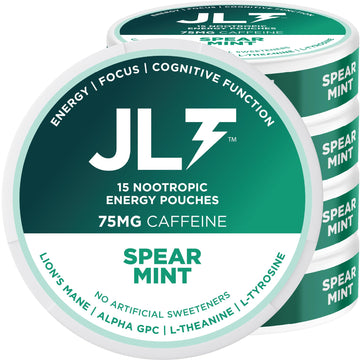 JLT 75 mg Caffeine Nootropic Pouches | Nootropic Energy Pouches with 75mg Caffeine, Lion's Mane, Alpha GPC, L-Tyrosine & L-Theanine with no Artificial Sweeteners | 15 Pouches Per Can - OzHealthStandard