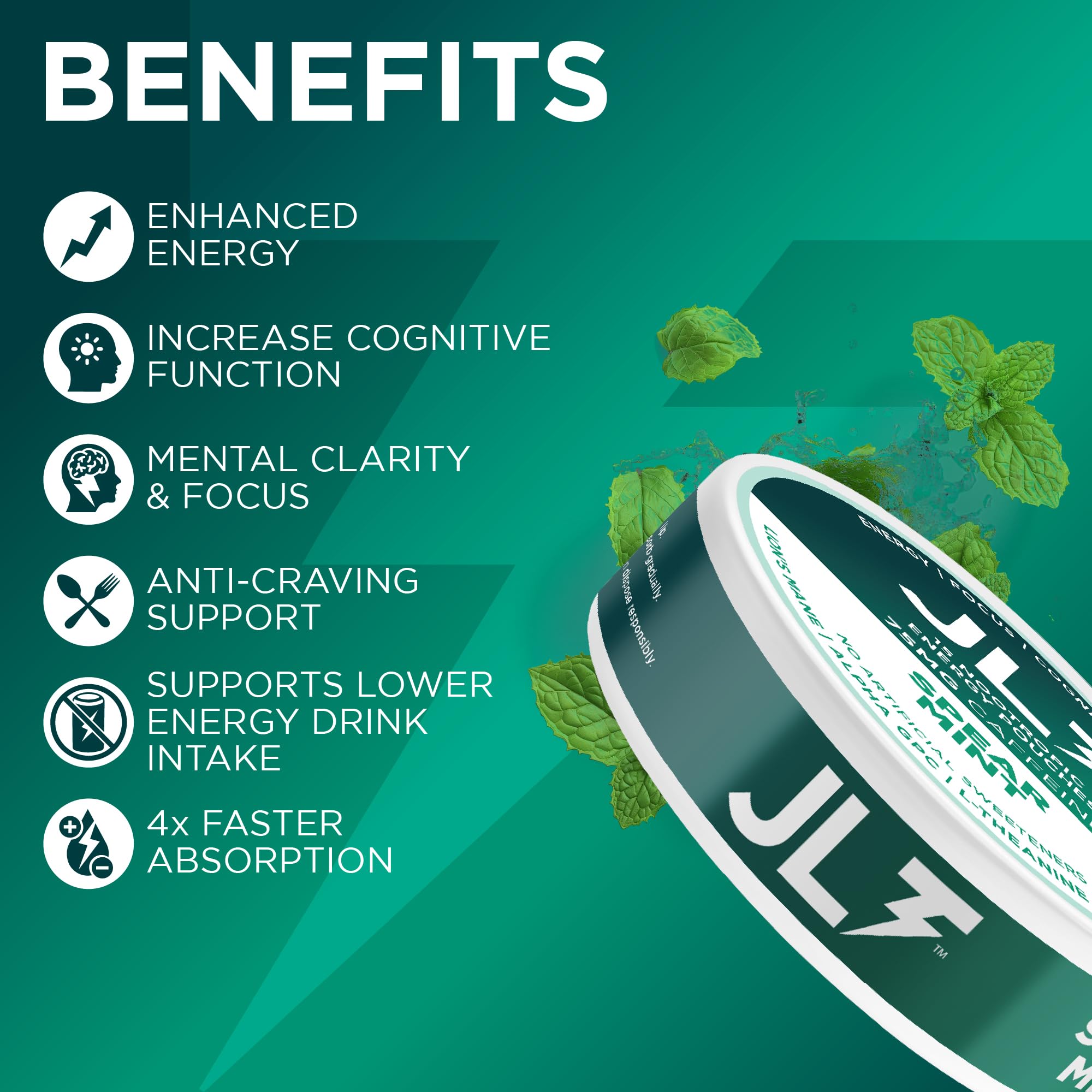 JLT 75 mg Caffeine Nootropic Pouches | Nootropic Energy Pouches with 75mg Caffeine, Lion's Mane, Alpha GPC, L-Tyrosine & L-Theanine with no Artificial Sweeteners | 15 Pouches Per Can - OzHealthStandard