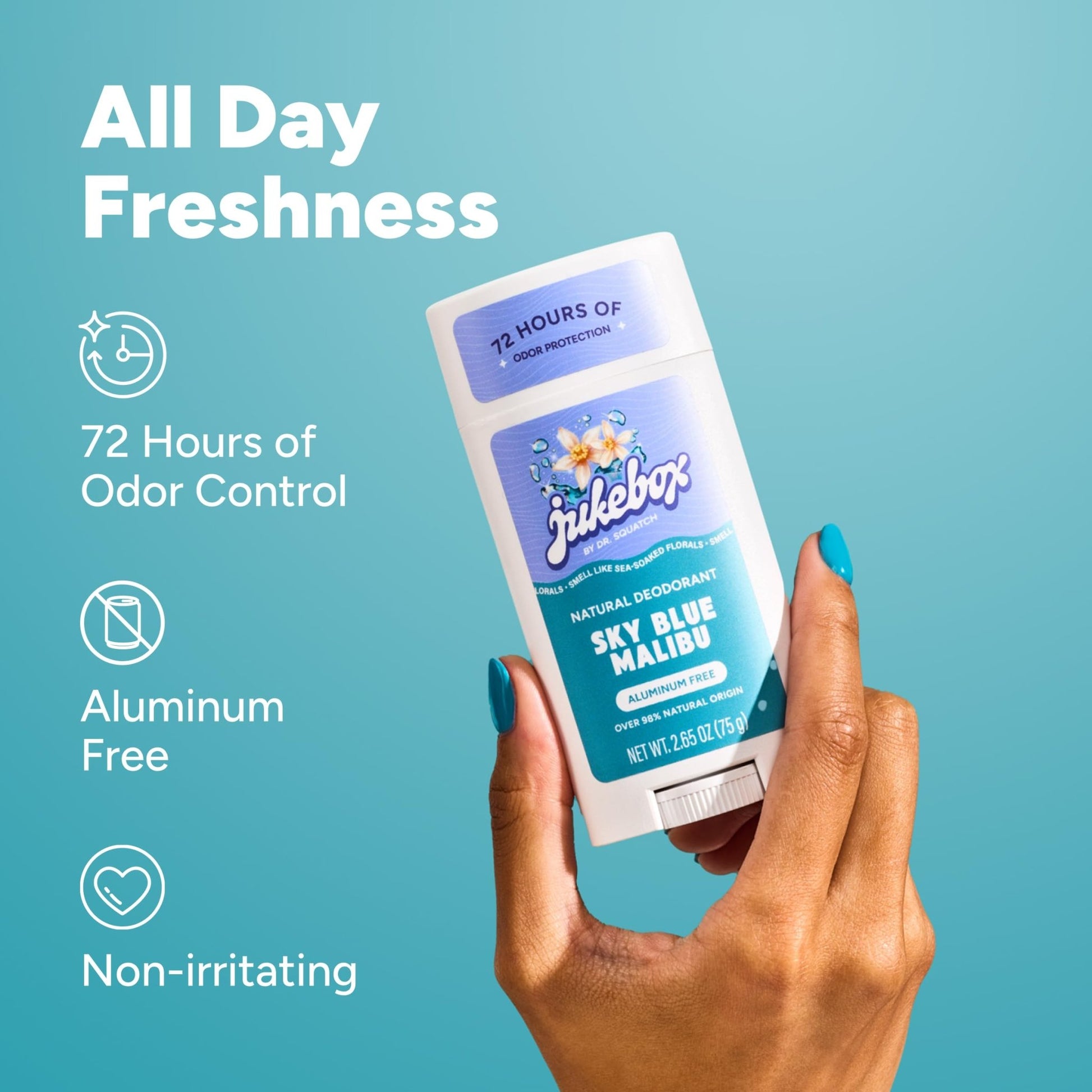 Jukebox Natural Women’s Deodorant – Aluminum Free, 72 Hour Odor Protection – Made with Arrowroot, Charcoal & Postbiotics – Sky Blue Malibu, 2.65 oz - OzHealthStandard