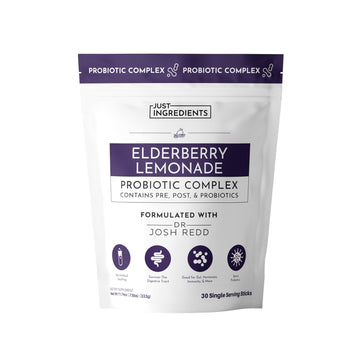 JUST INGREDIENTS Elderberry Lemonade 3-in-1 Probiotic Complex - Prebiotics, Probiotics & Postbiotics - 30 Sticks - OzHealthStandard