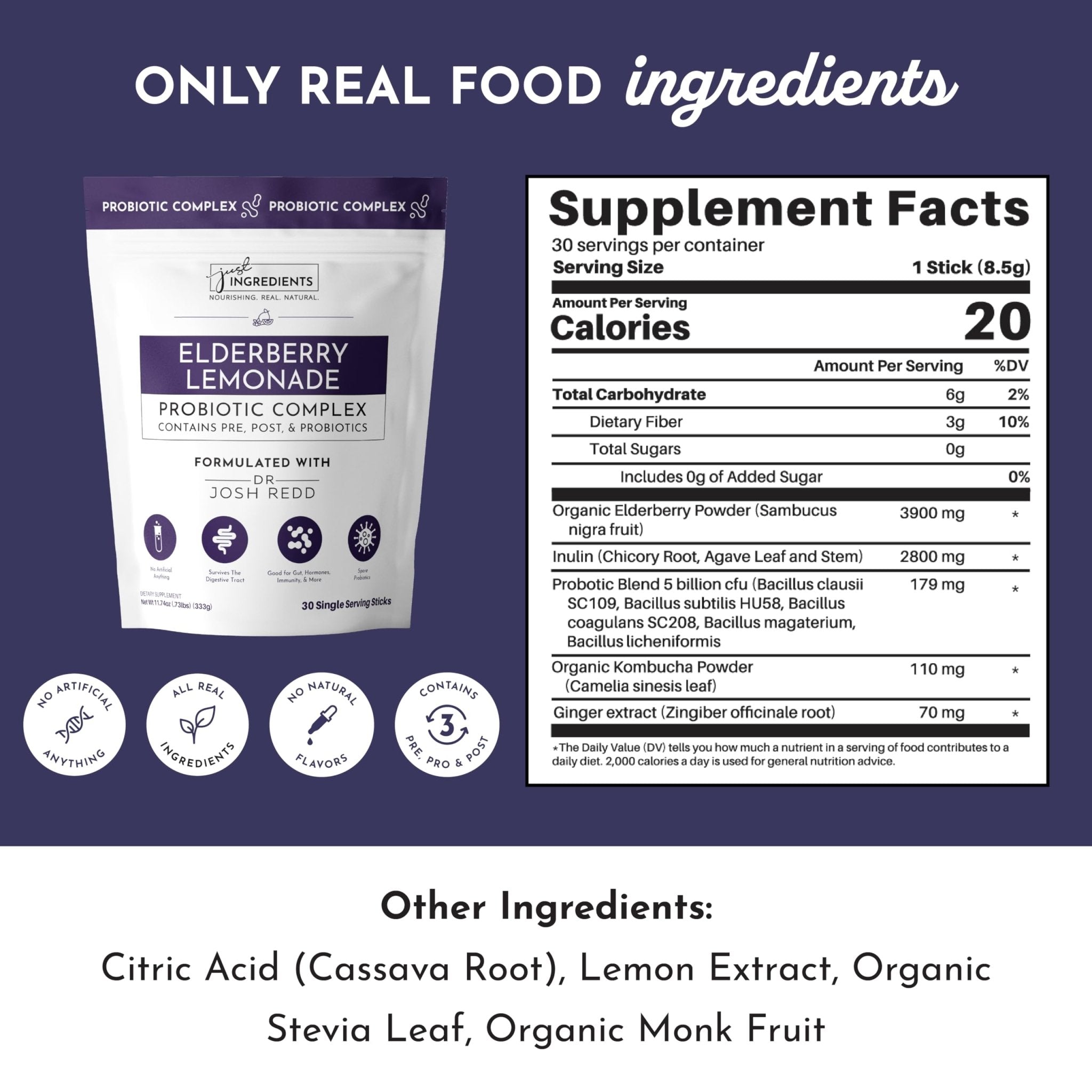 JUST INGREDIENTS Elderberry Lemonade 3-in-1 Probiotic Complex - Prebiotics, Probiotics & Postbiotics - 30 Sticks - OzHealthStandard
