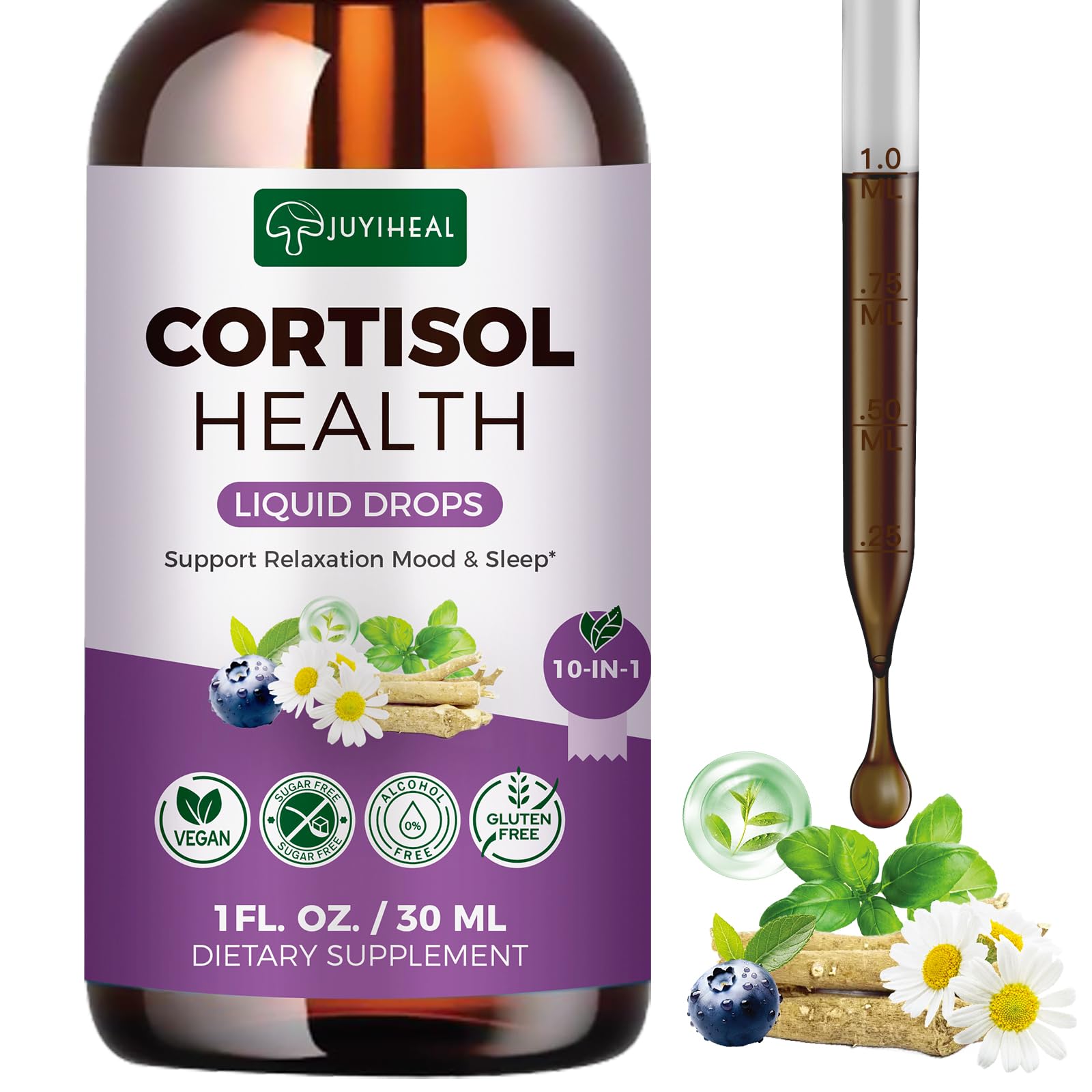 JUYIHEAL Cortisol Supplements, 10 in 1 Cortisol Detox Manager Reducer Hormone Balance Liquid Drops with Ashwagandha, Magnesium, L-theanine - OzHealthStandard