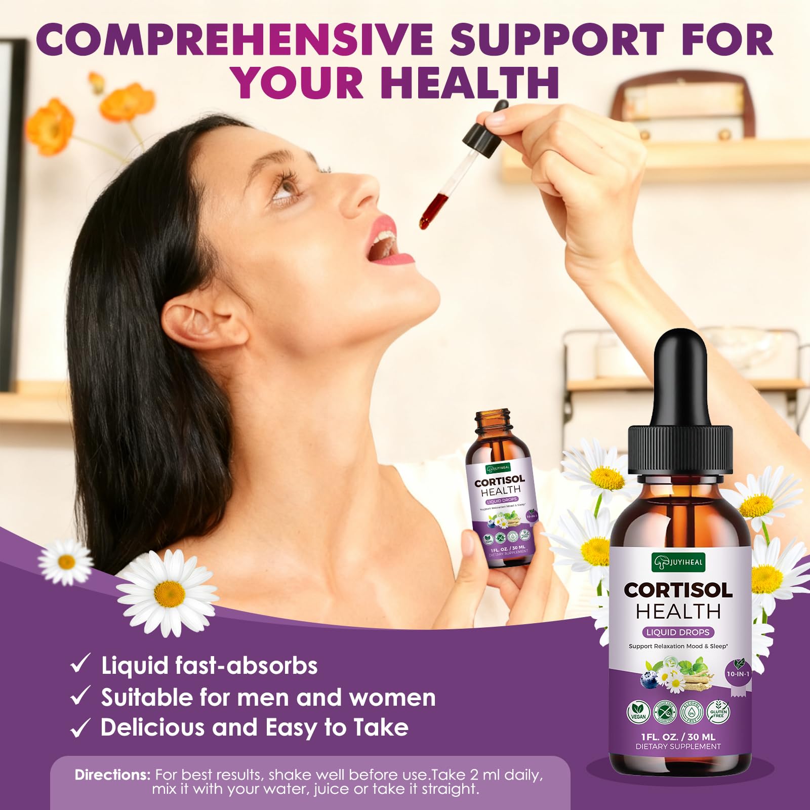 JUYIHEAL Cortisol Supplements, 10 in 1 Cortisol Detox Manager Reducer Hormone Balance Liquid Drops with Ashwagandha, Magnesium, L-theanine - OzHealthStandard